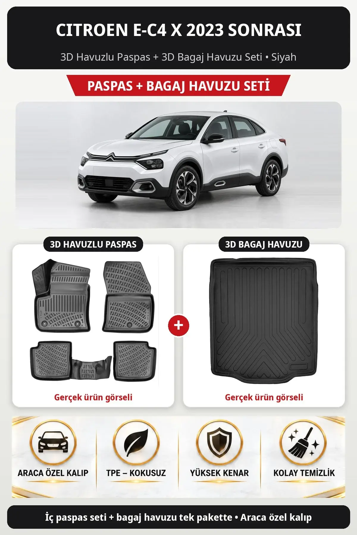 Citroen E-C4 X 2023 Sonrası 3D Havuzlu Paspas + 3D Bagaj Havuzu Seti Siyah (1)