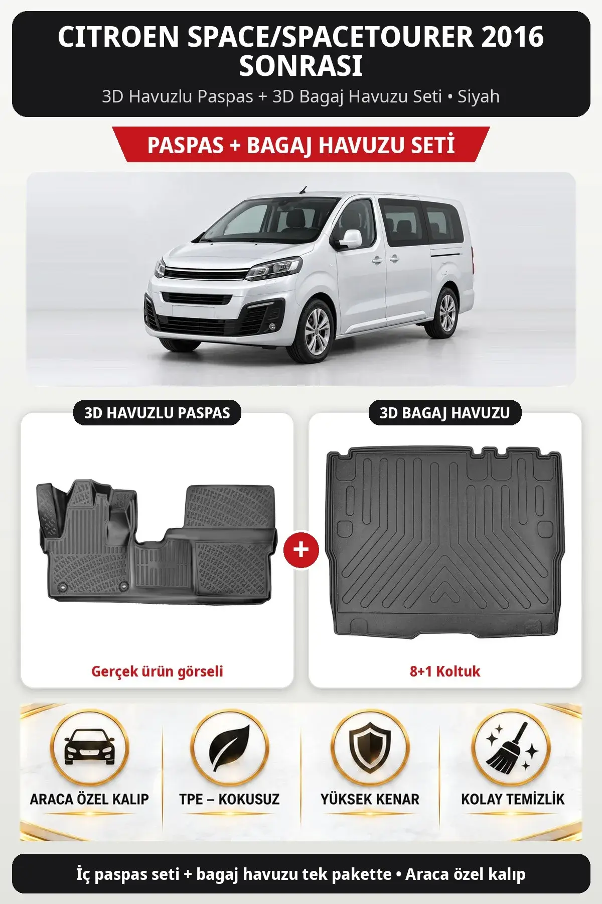 Citroen Space/Spacetourer 2016 Sonrası 3D Havuzlu Paspas + 3D Bagaj Havuzu Seti (8+1 Koltuk) Siyah (1)