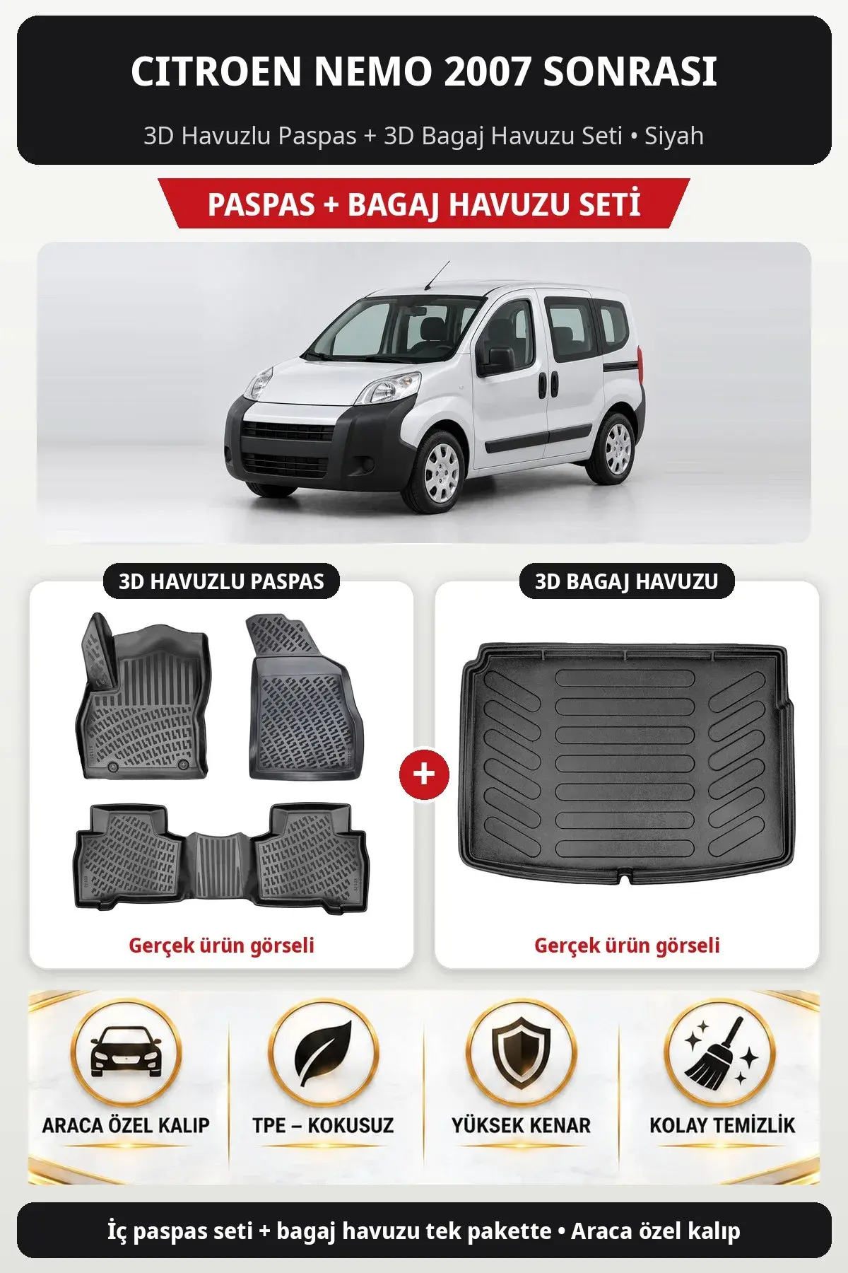 Citroen Nemo 2007 Sonrası 3D Havuzlu Paspas + 3D Bagaj Havuzu Seti Siyah (1)