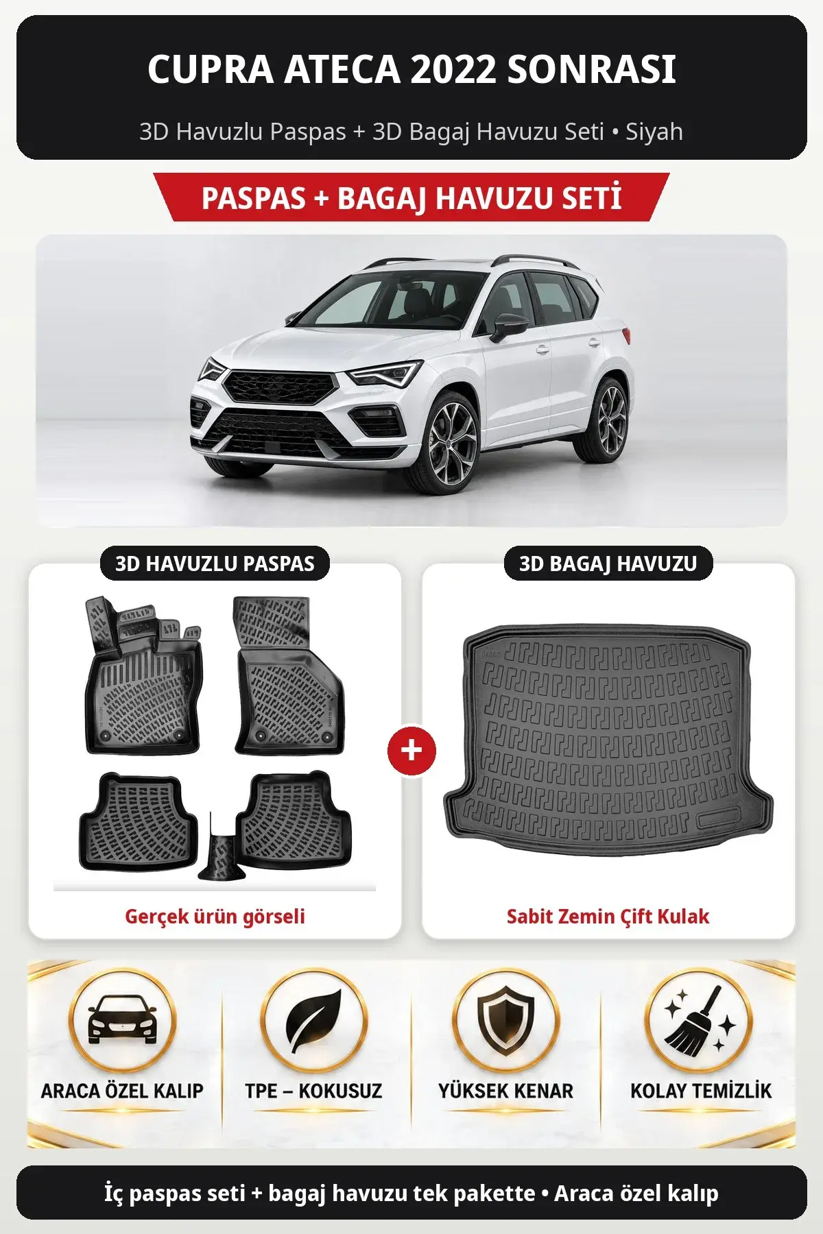 Cupra Ateca 2022 Sonrası 3D Havuzlu Paspas + 3D Bagaj Havuzu Seti (Sabit Zemin Çift Kulak) Bej (1)