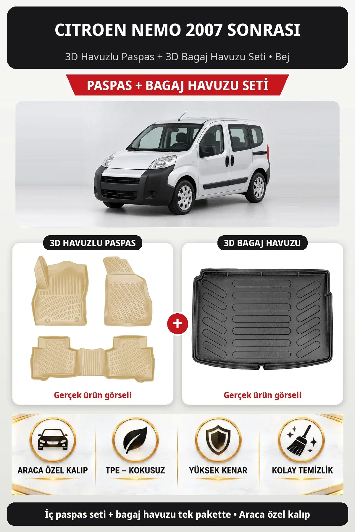 Citroen Nemo 2007 Sonrası 3D Havuzlu Paspas + 3D Bagaj Havuzu Seti Bej (1)
