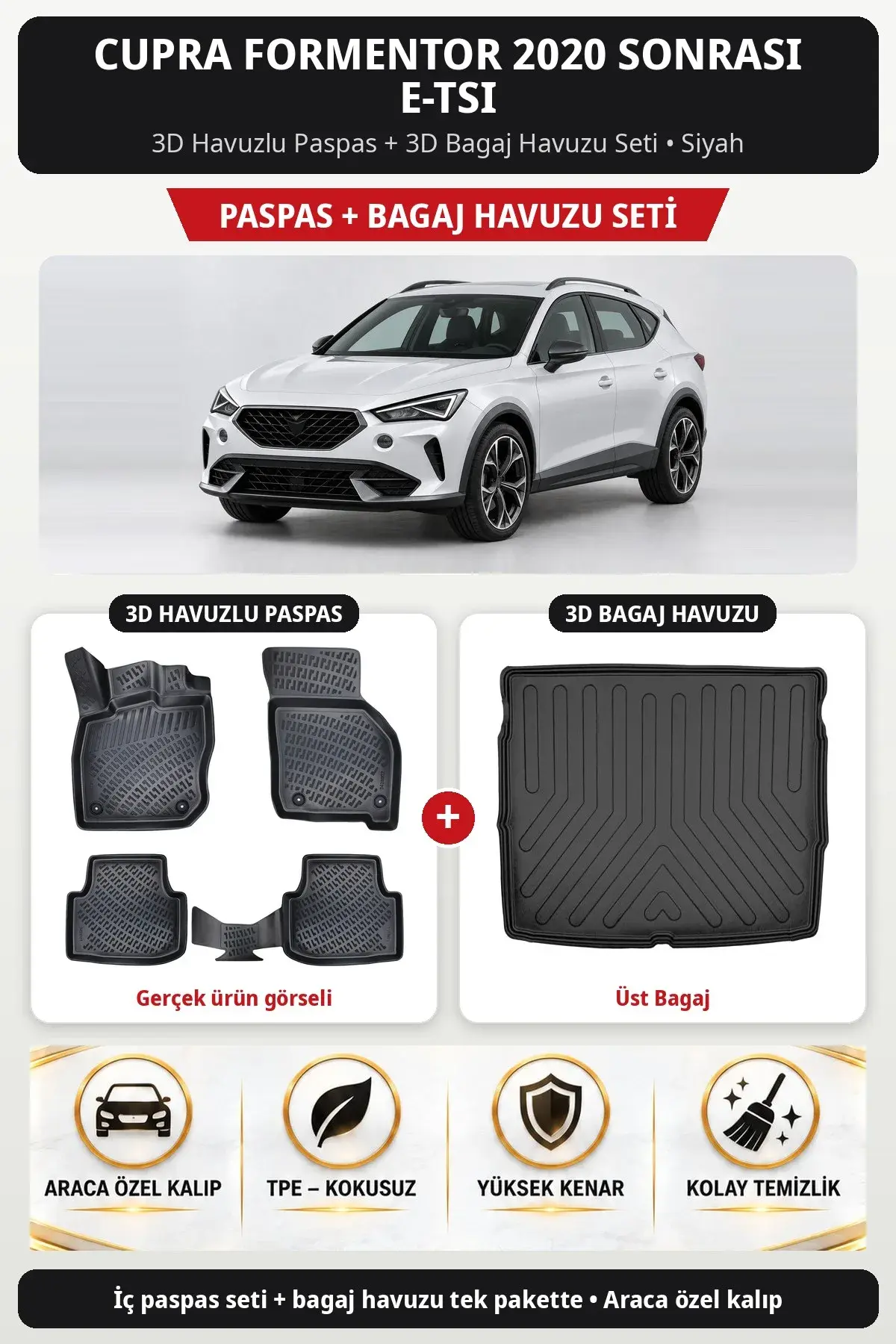 Cupra Formentor 2020 Sonrası e-Tsi 3D Havuzlu Paspas + 3D Bagaj Havuzu Seti (Üst Bagaj) Siyah (1)