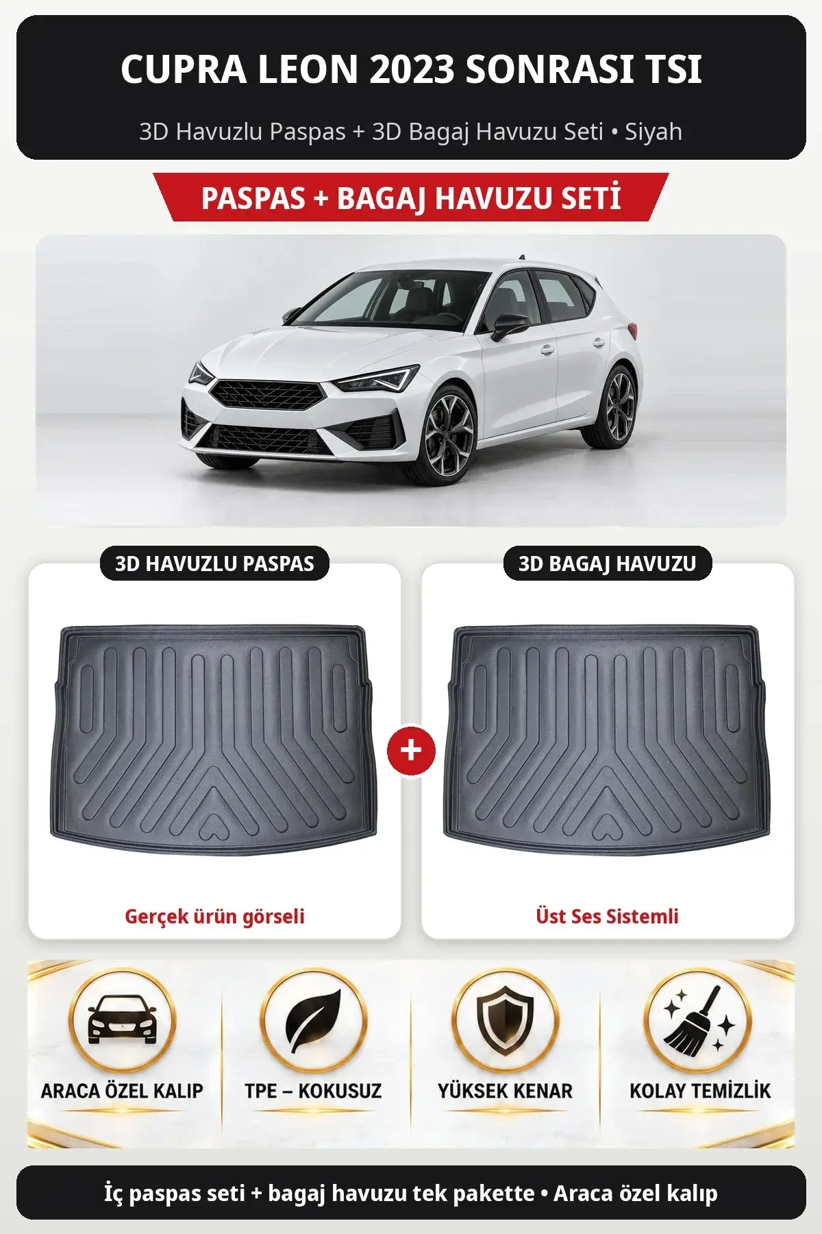 Cupra Leon 2023 Sonrası Tsi 3D Havuzlu Paspas + 3D Bagaj Havuzu Seti (Üst Ses Sistemli) Siyah (1)