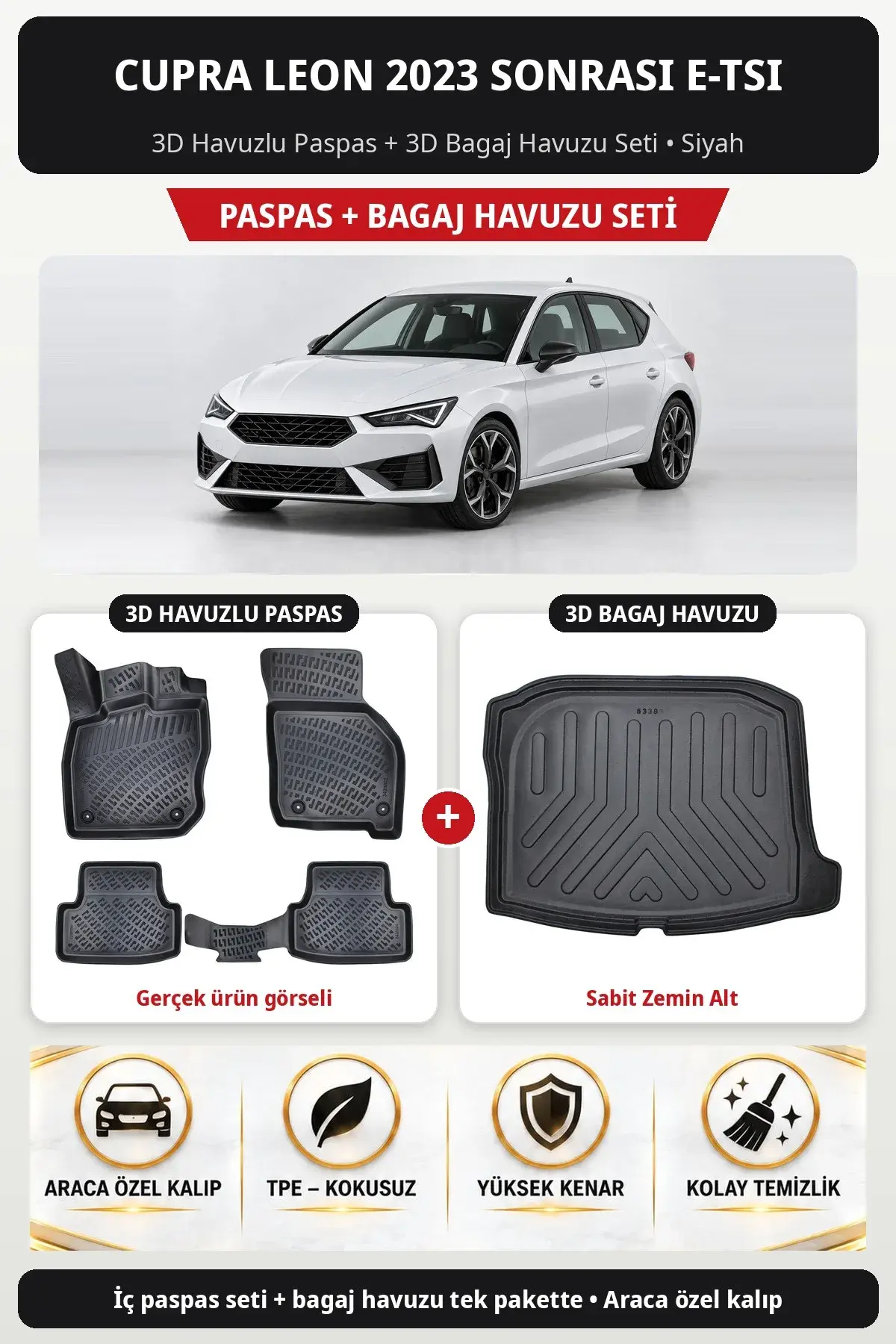 Cupra Leon 2023 Sonrası e-Tsi 3D Havuzlu Paspas + 3D Bagaj Havuzu Seti (Sabit Zemin Alt) Siyah (1)