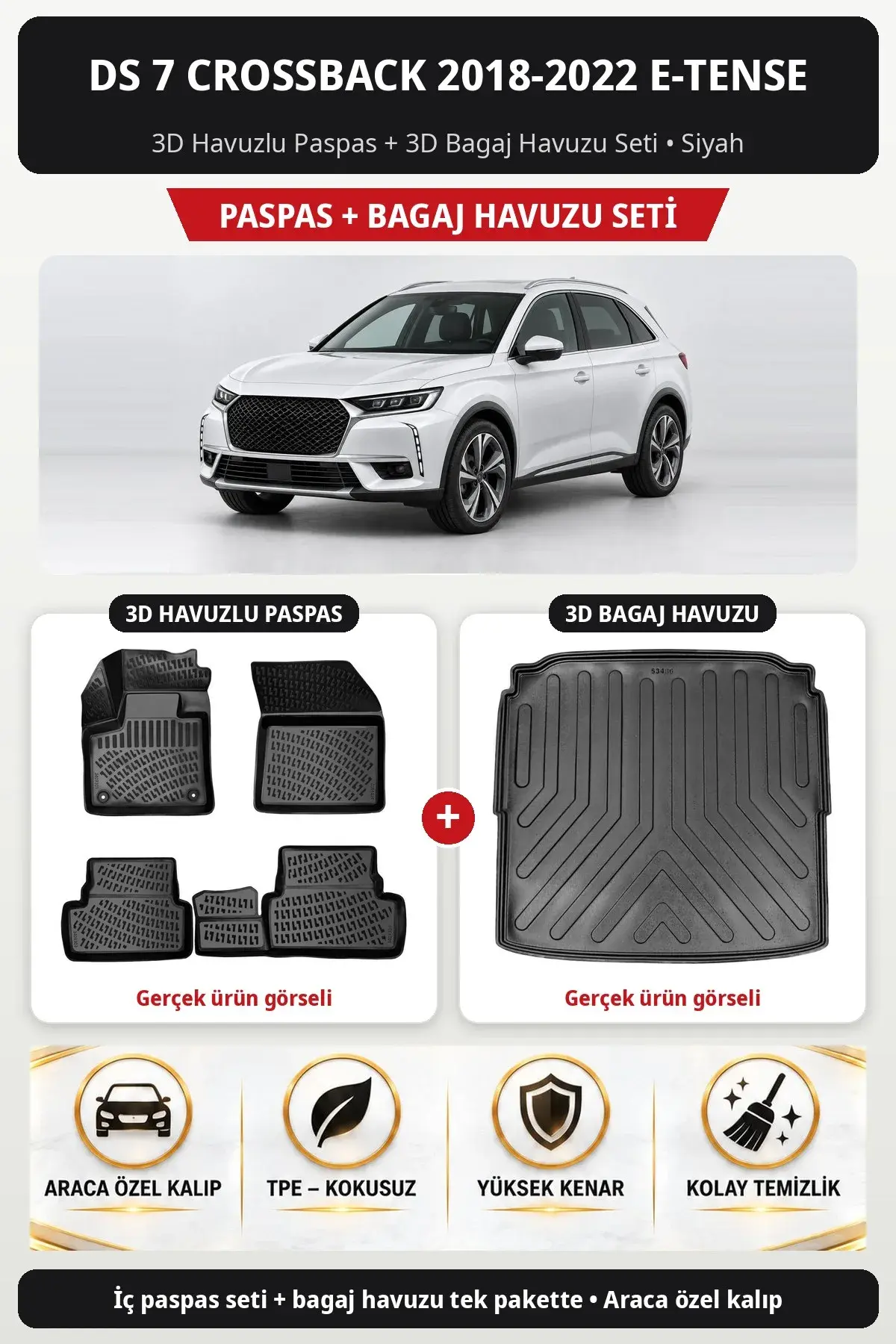 DS 7 Crossback 2018-2022 E-Tense 3D Havuzlu Paspas + 3D Bagaj Havuzu Seti Siyah (1)