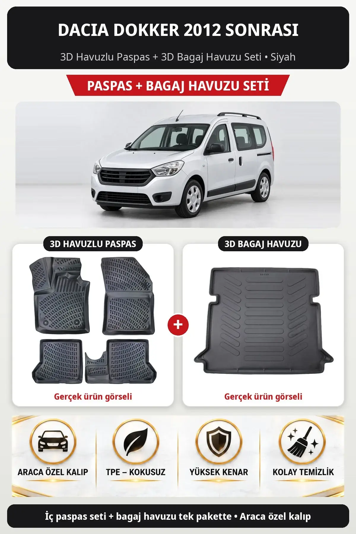 Dacia Dokker 2012 Sonrası 3D Havuzlu Paspas + 3D Bagaj Havuzu Seti Siyah (1)