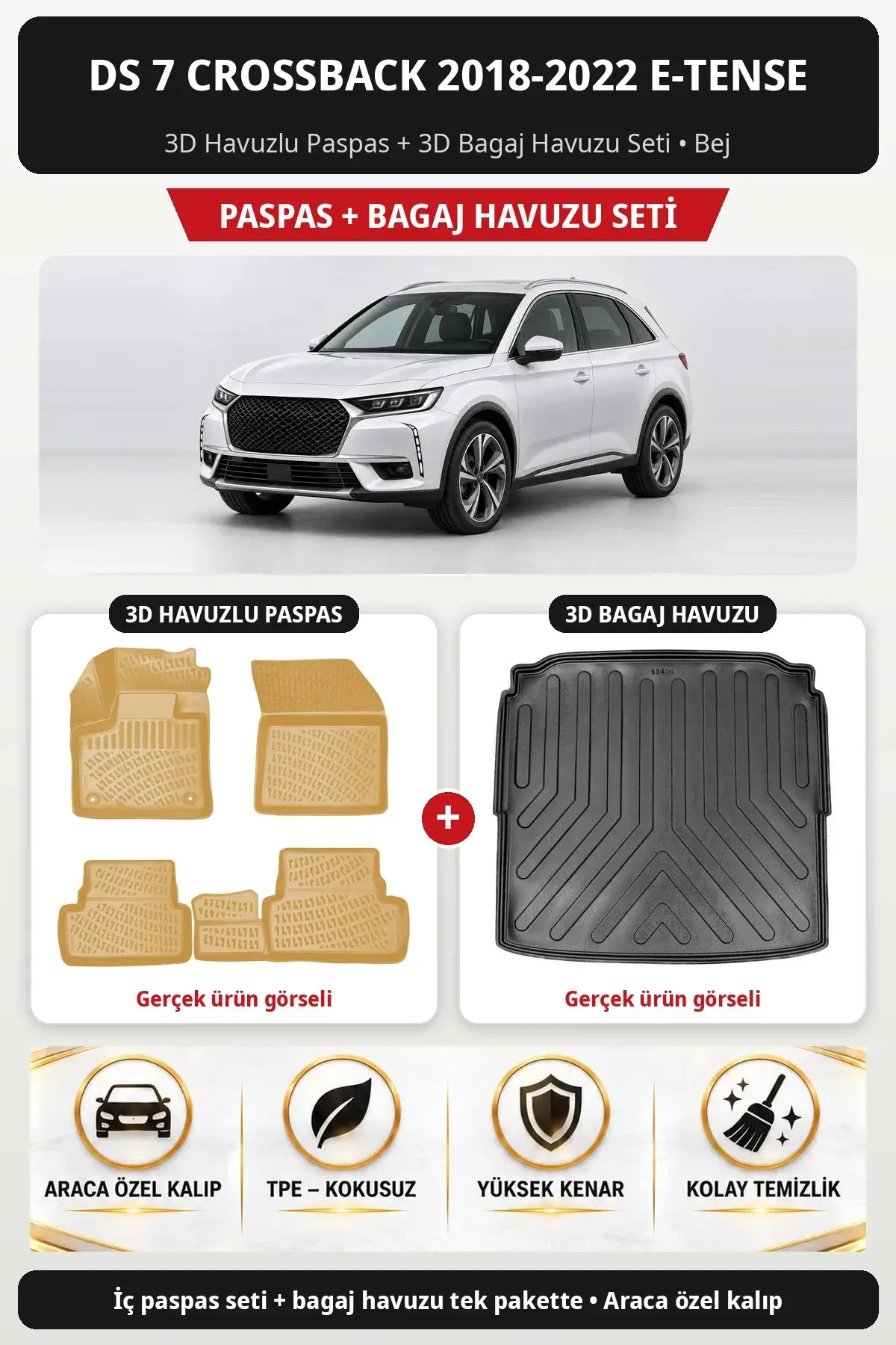 DS 7 Crossback 2018-2022 E-Tense 3D Havuzlu Paspas + 3D Bagaj Havuzu Seti Bej (1)