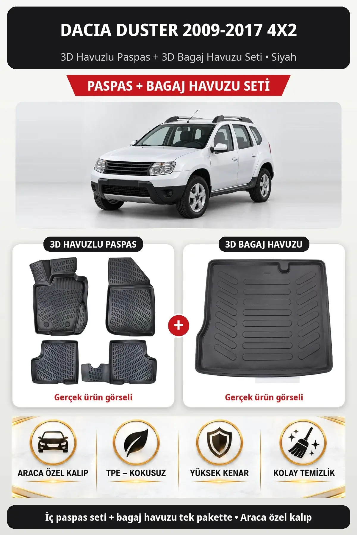 Dacia Duster 2009-2017 4x2 3D Havuzlu Paspas + 3D Bagaj Havuzu Seti Siyah (1)
