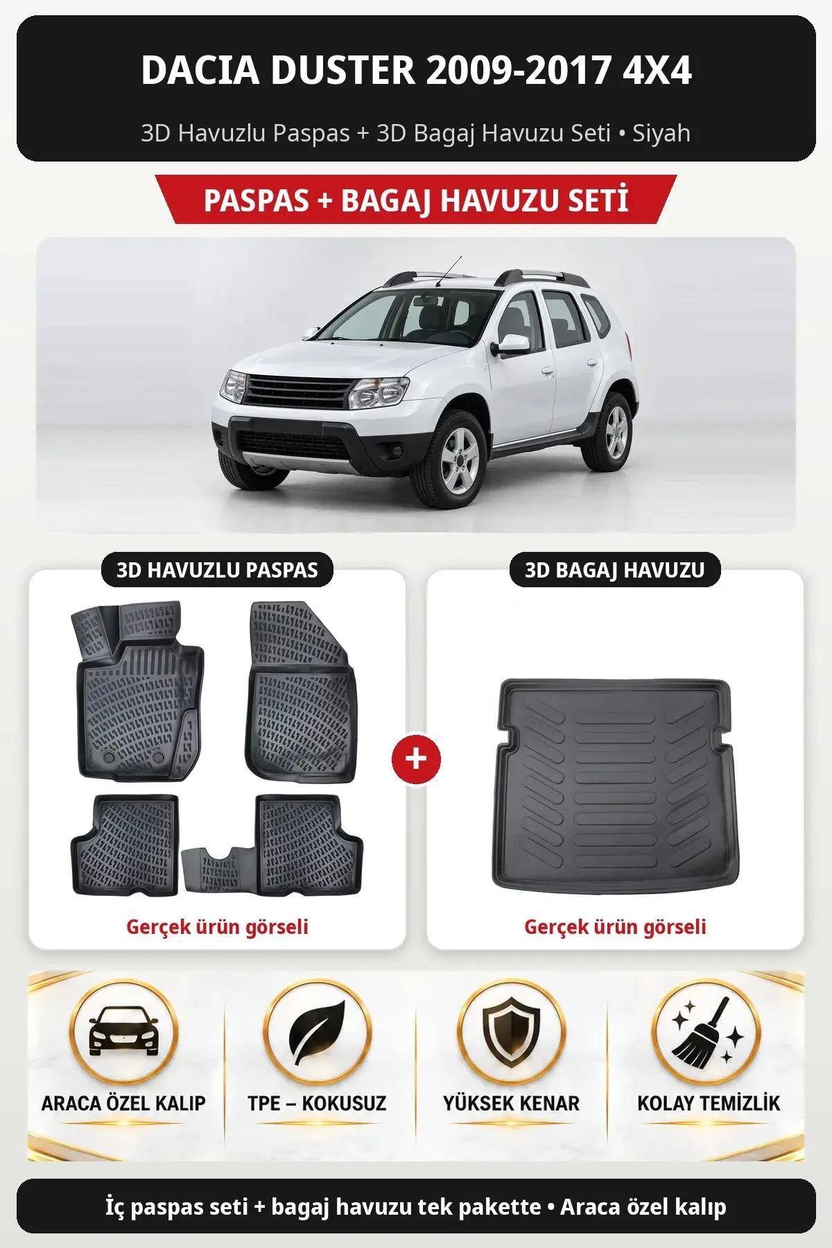 Dacia Duster 2009-2017 4x4 3D Havuzlu Paspas + 3D Bagaj Havuzu Seti Siyah (1)
