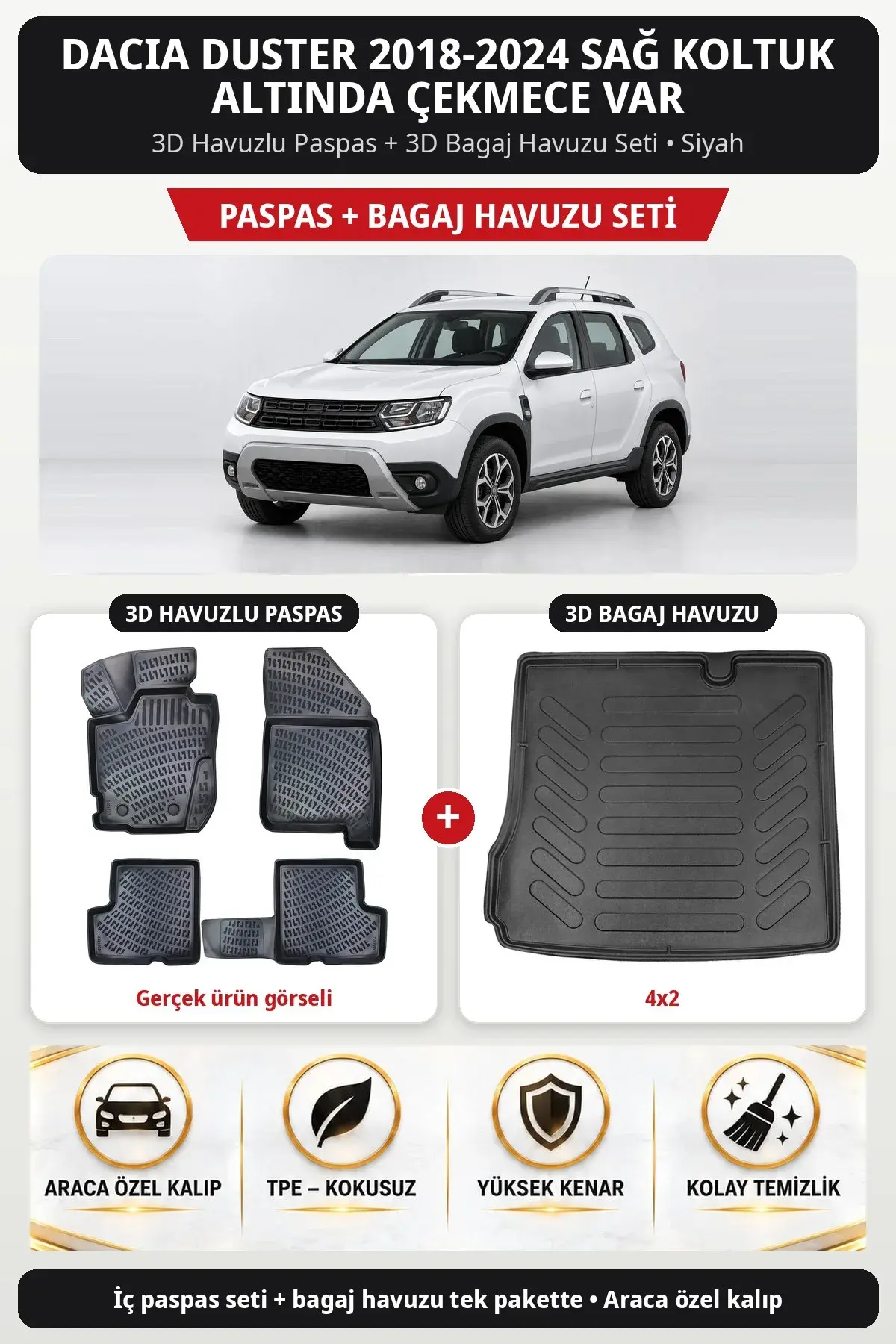 Dacia Duster 2018-2024 Sağ Koltuk Altında Çekmece Var 3D Paspas + Bagaj Havuzu Seti (4x2) Siyah (1)
