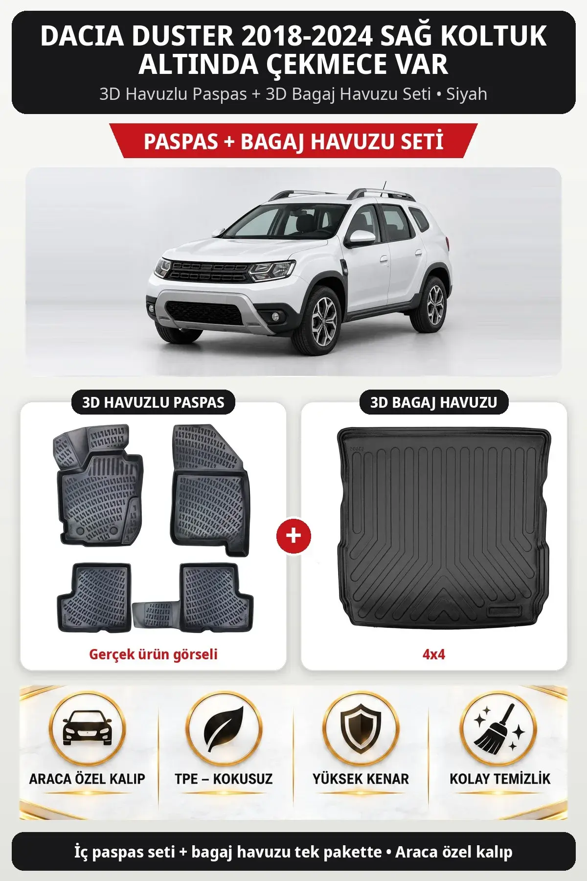 Dacia Duster 2018-2024 Sağ Koltuk Altında Çekmece Var 3D Paspas + Bagaj Havuzu Seti (4x4) Siyah (1)