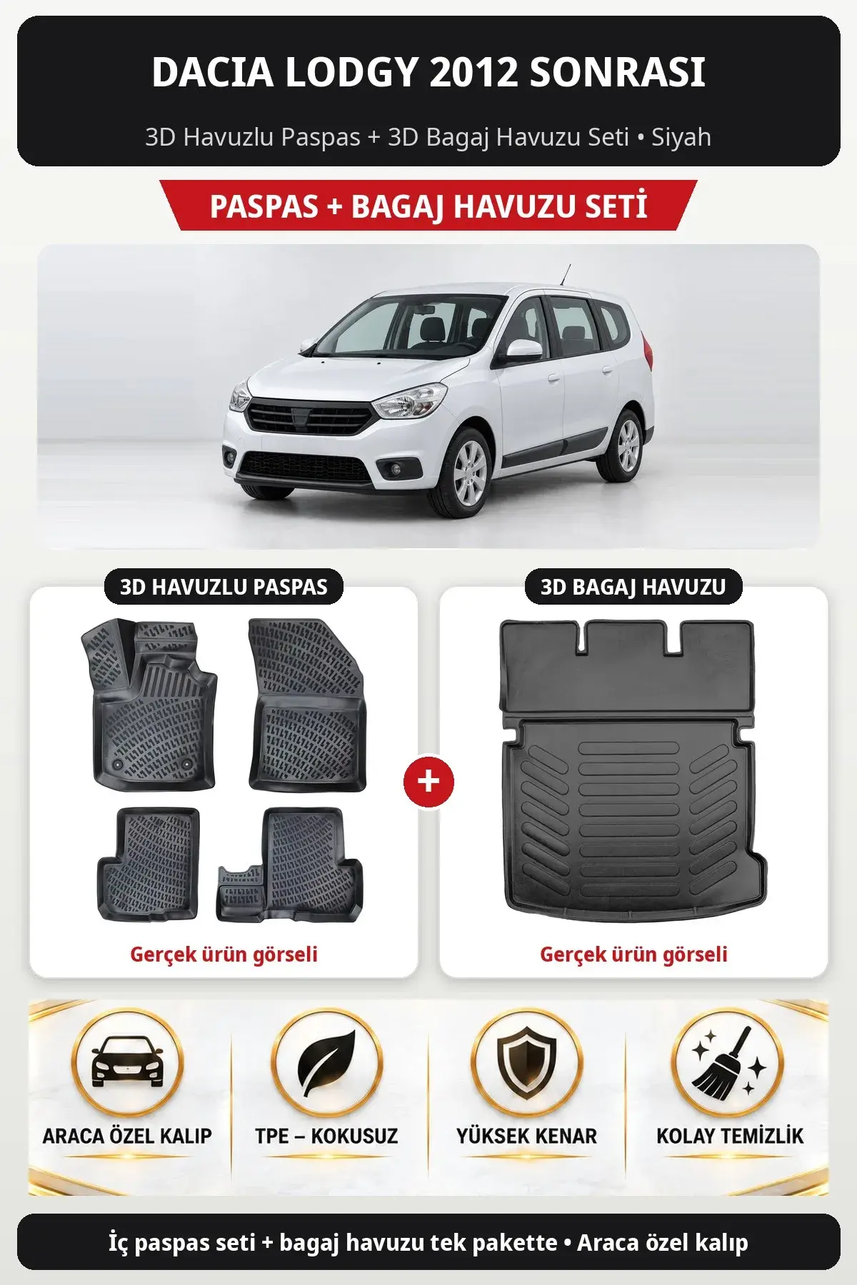 Dacia Lodgy 2012 Sonrası 3D Havuzlu Paspas + 3D Bagaj Havuzu Seti Siyah (1)