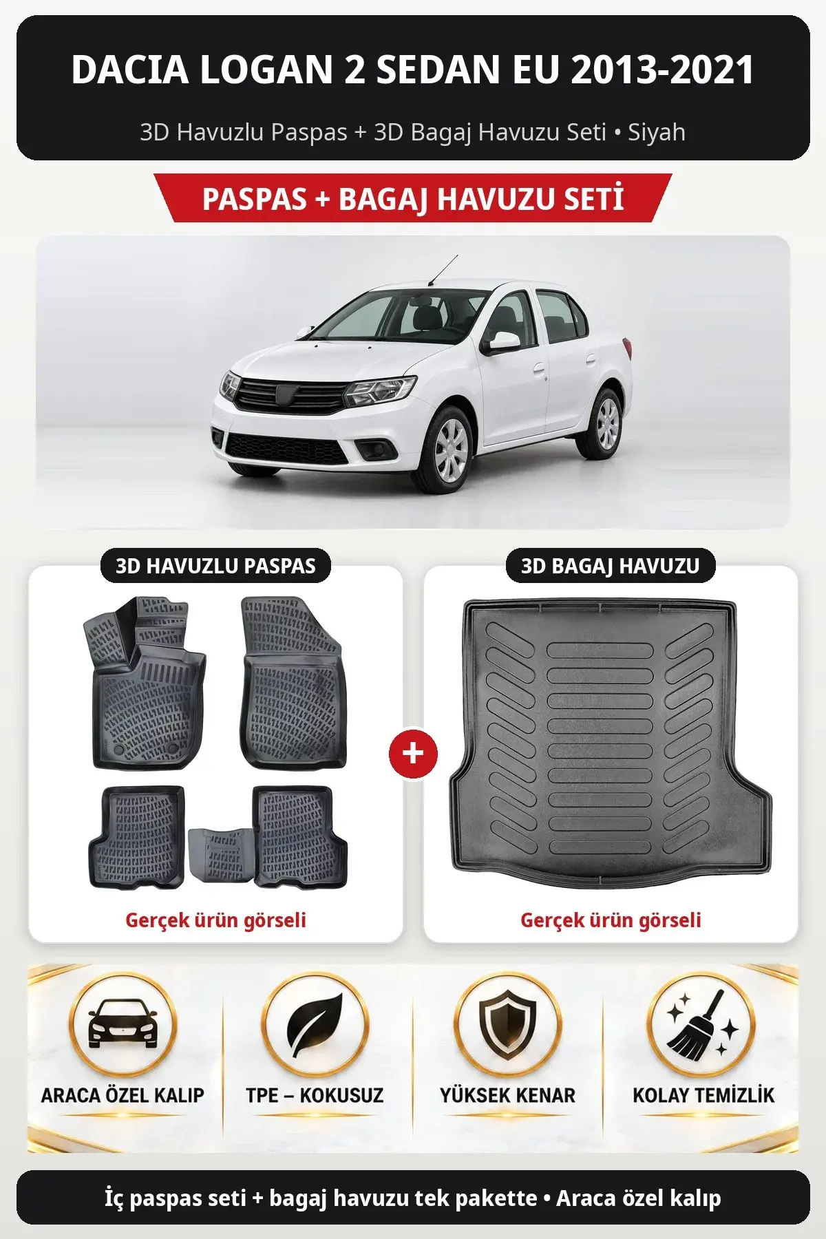 Dacia Logan 2 Sedan EU 2013-2021 3D Havuzlu Paspas + 3D Bagaj Havuzu Seti Siyah (1)