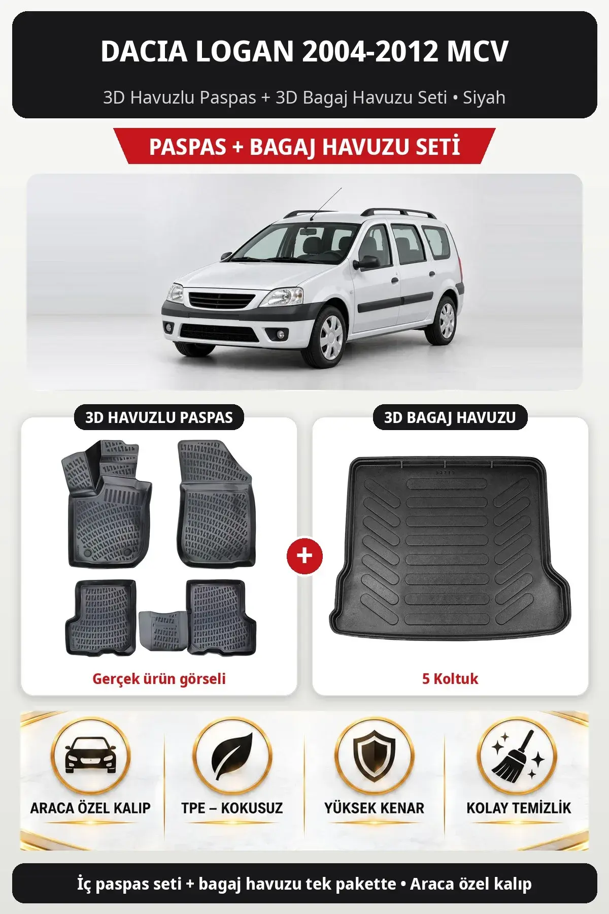 Dacia Logan 2004-2012 MCV 3D Havuzlu Paspas + 3D Bagaj Havuzu Seti (5 Koltuk) Siyah (1)