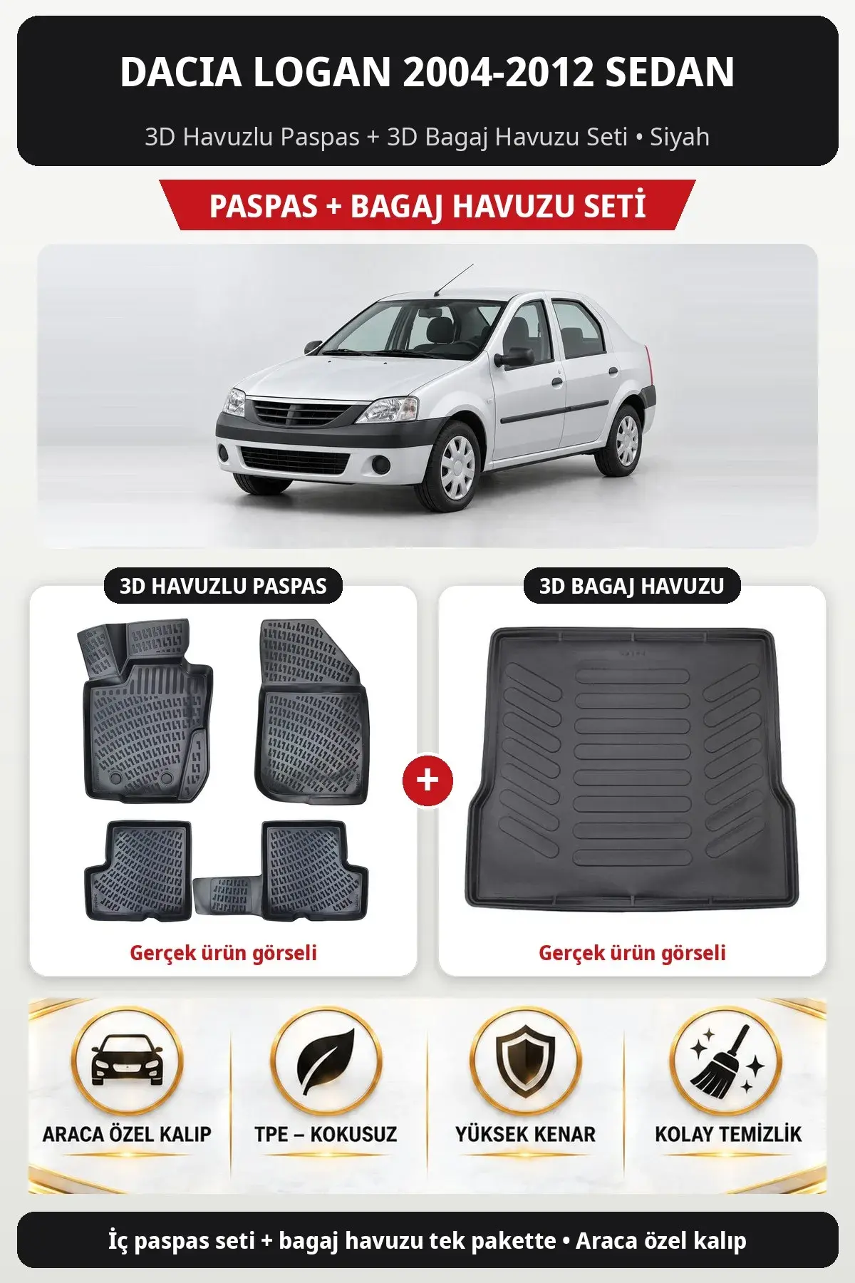 Dacia Logan 2004-2012 Sedan 3D Havuzlu Paspas + 3D Bagaj Havuzu Seti Siyah (1)
