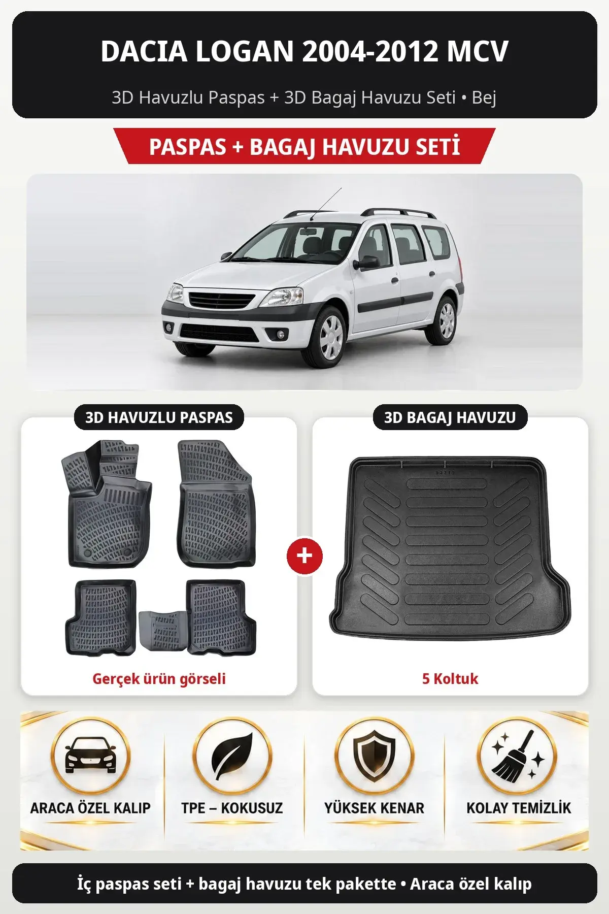 Dacia Logan 2004-2012 MCV 3D Havuzlu Paspas + 3D Bagaj Havuzu Seti (5 Koltuk) Bej (1)