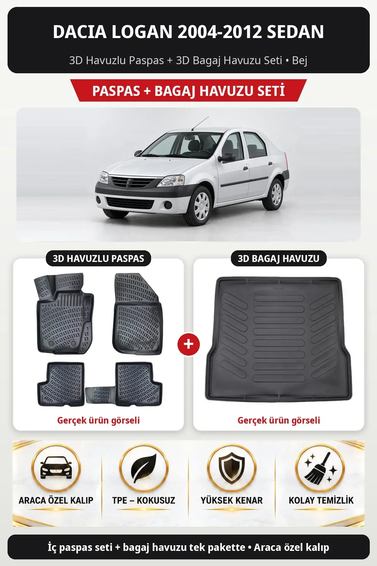 Dacia Logan 2004-2012 Sedan 3D Havuzlu Paspas + 3D Bagaj Havuzu Seti Bej (1)