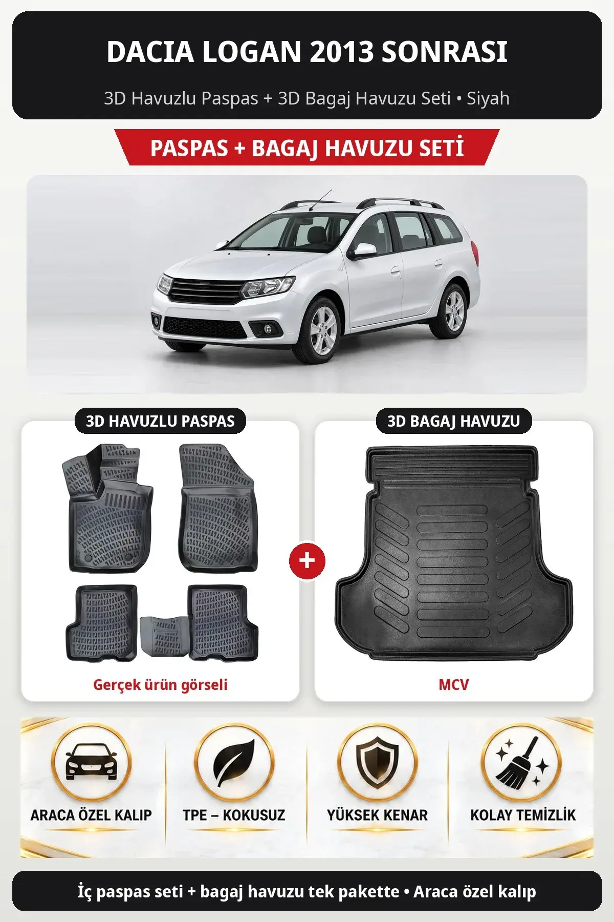 Dacia Logan 2013 Sonrası 3D Havuzlu Paspas + 3D Bagaj Havuzu Seti (MCV) Siyah (1)