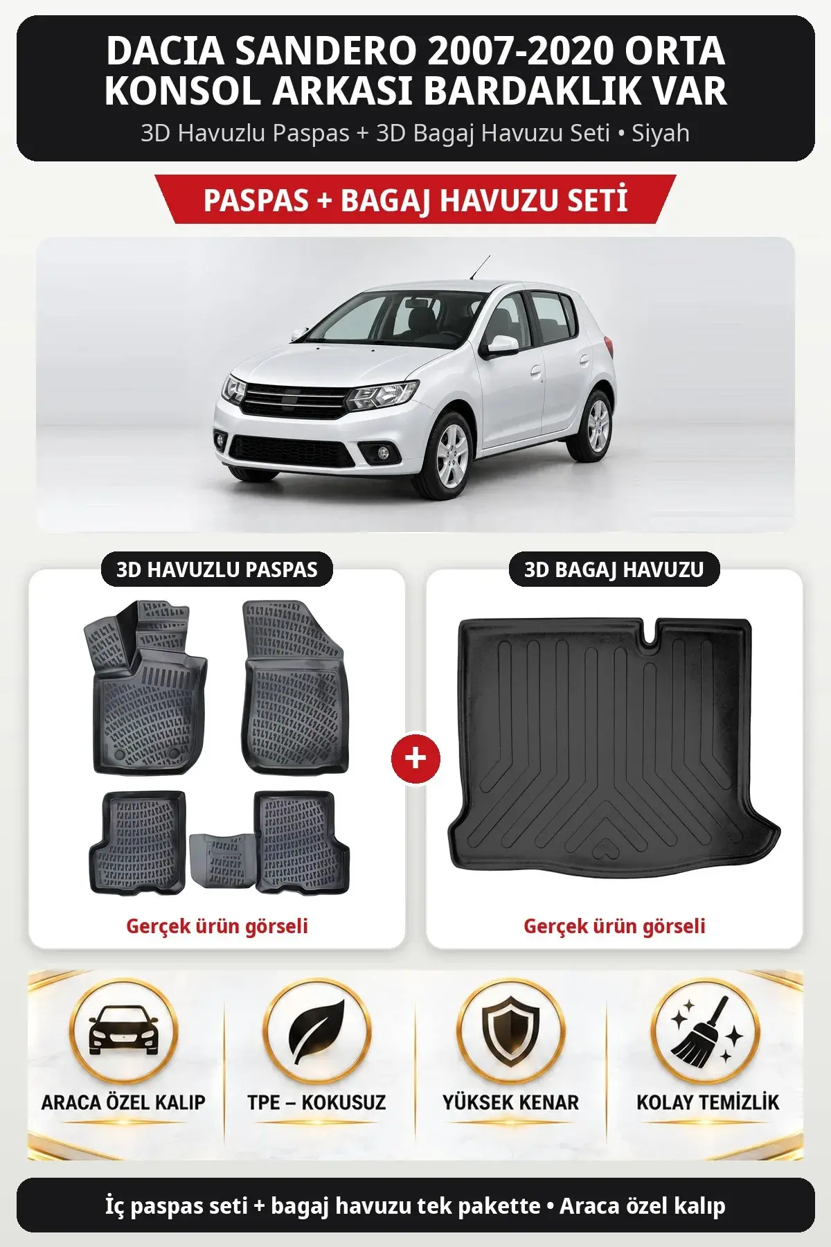 Dacia Sandero 2007-2020 Orta konsol Arkası Bardaklık Var 3D Paspas + Bagaj Havuzu Seti Siyah (1)