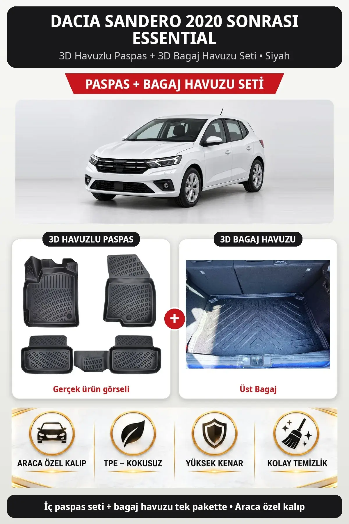 Dacia Sandero 2020 Sonrası Essential 3D Havuzlu Paspas + 3D Bagaj Havuzu Seti (Üst Bagaj) Siyah (1)