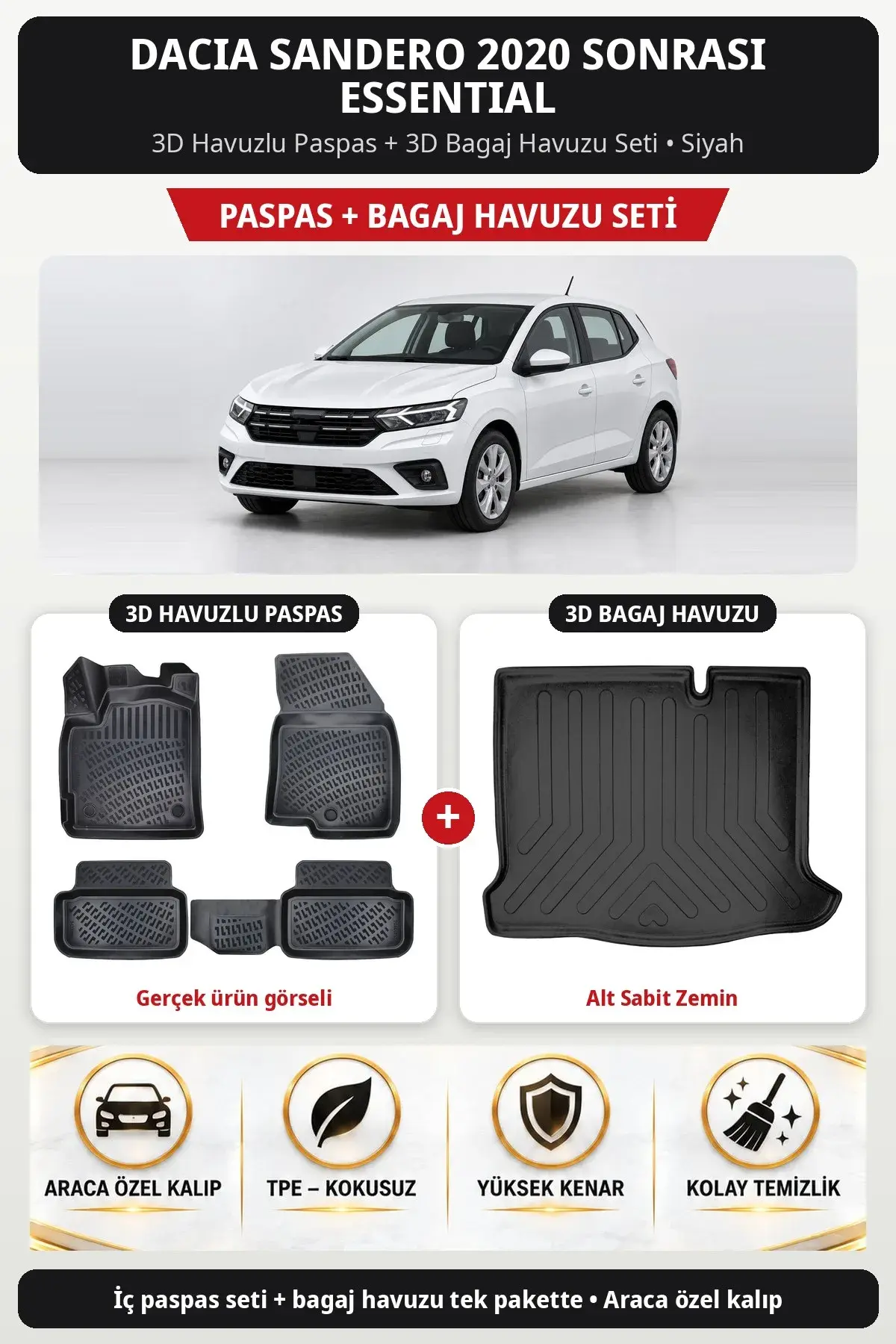 Dacia Sandero 2020 Sonrası Essential 3D Paspas + Bagaj Havuzu Seti (Alt Sabit Zemin) Siyah (1)