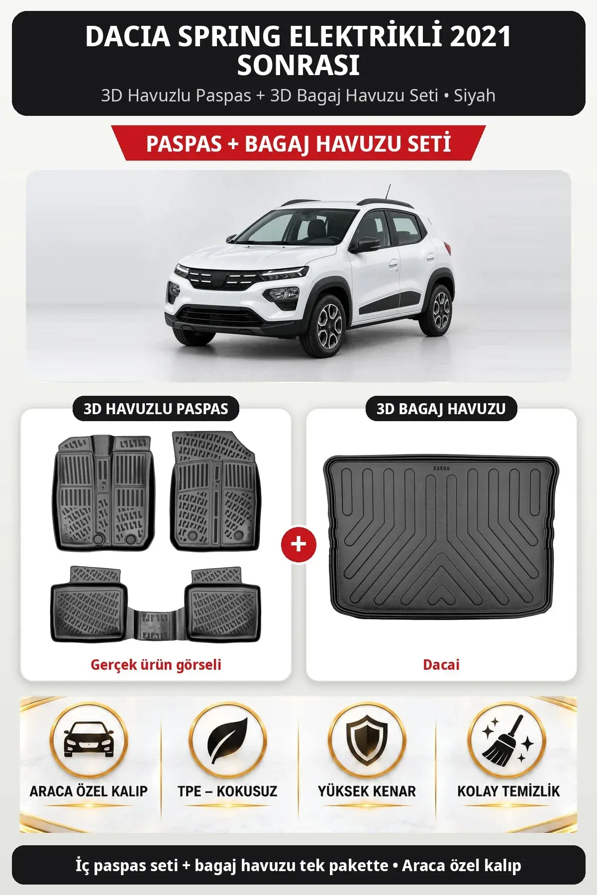 Dacia Spring Elektrikli 2021 Sonrası 3D Havuzlu Paspas + 3D Bagaj Havuzu Seti (Dacai) Siyah (1)