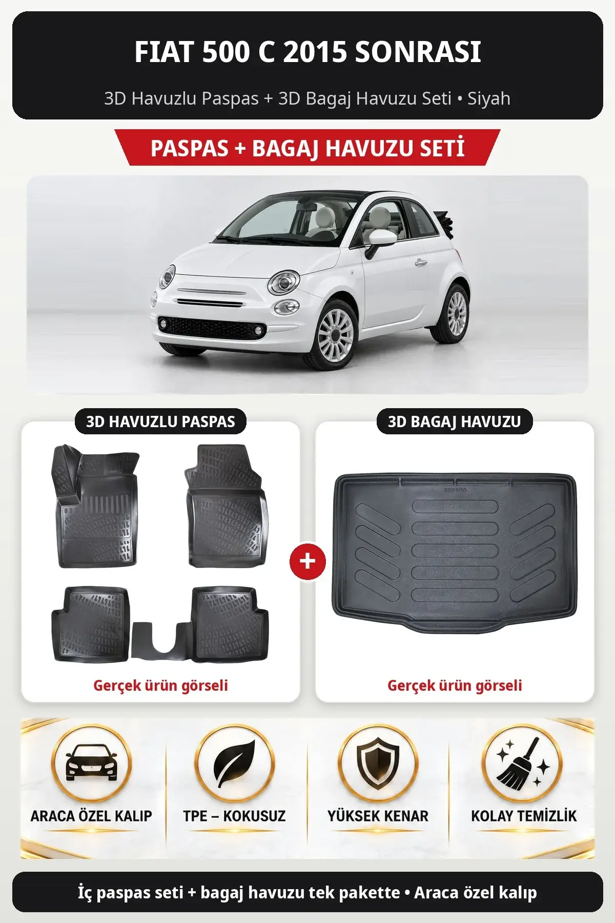 Fiat 500 C 2015 Sonrası 3D Havuzlu Paspas + 3D Bagaj Havuzu Seti Siyah (1)