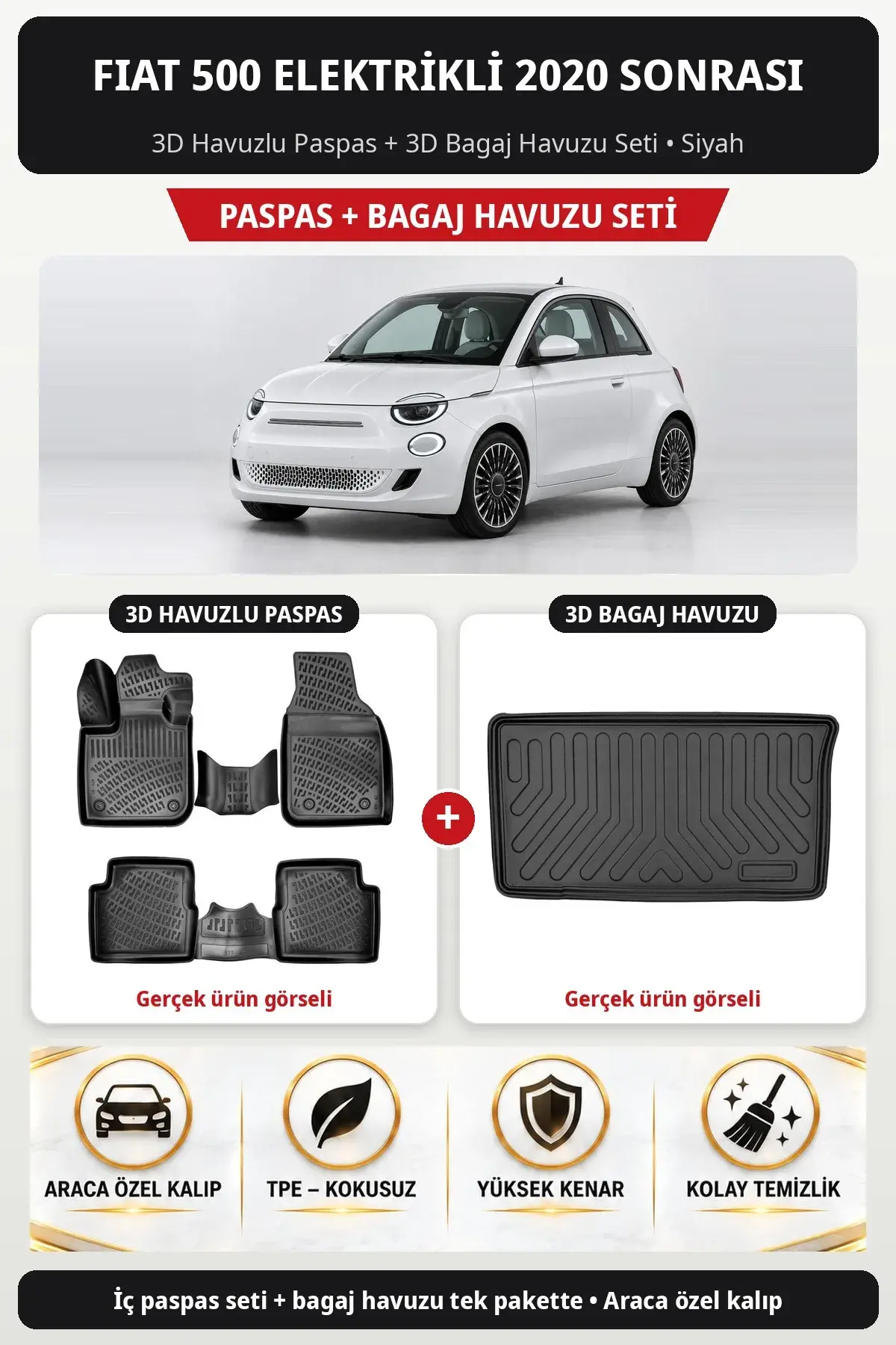 Fiat 500 Elektrikli 2020 Sonrası 3D Havuzlu Paspas + 3D Bagaj Havuzu Seti Siyah (1)