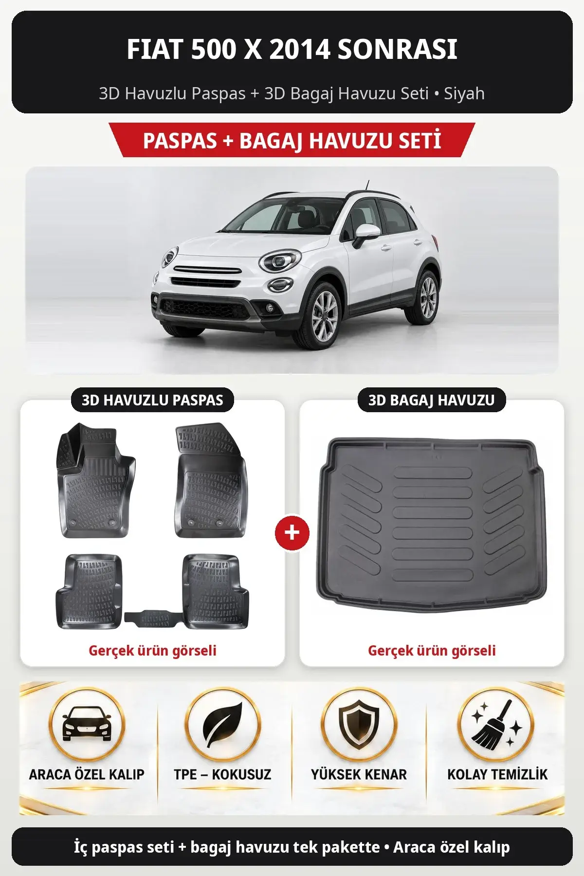 Fiat 500 X 2014 Sonrası 3D Havuzlu Paspas + 3D Bagaj Havuzu Seti Siyah (1)