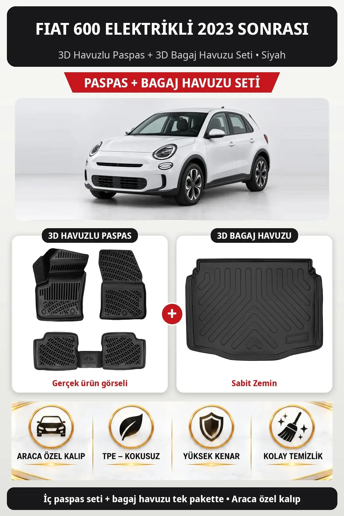 Fiat 600 Elektrikli 2023 Sonrası 3D Havuzlu Paspas + 3D Bagaj Havuzu Seti (Sabit Zemin) Siyah (1)