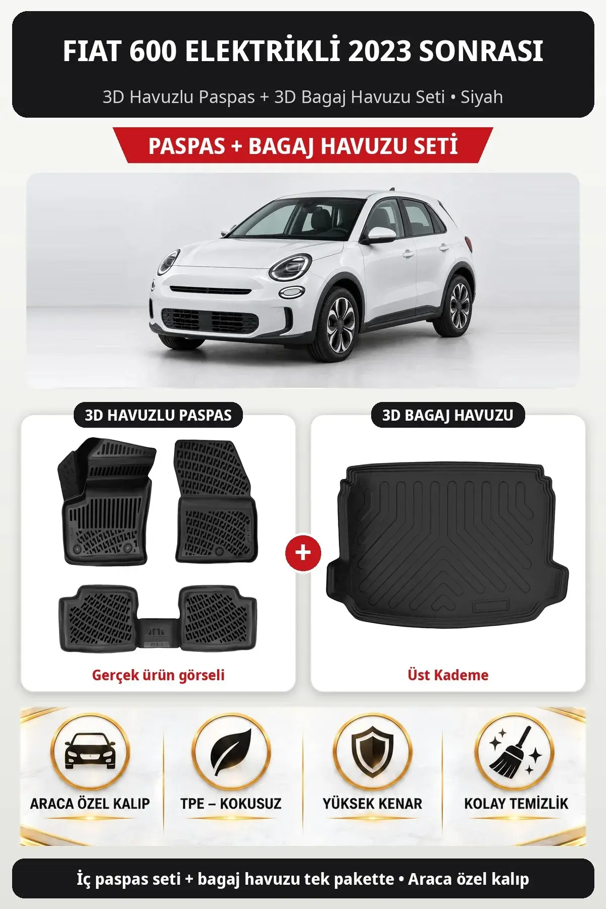 Fiat 600 Elektrikli 2023 Sonrası 3D Havuzlu Paspas + 3D Bagaj Havuzu Seti (Üst Kademe) Siyah (1)