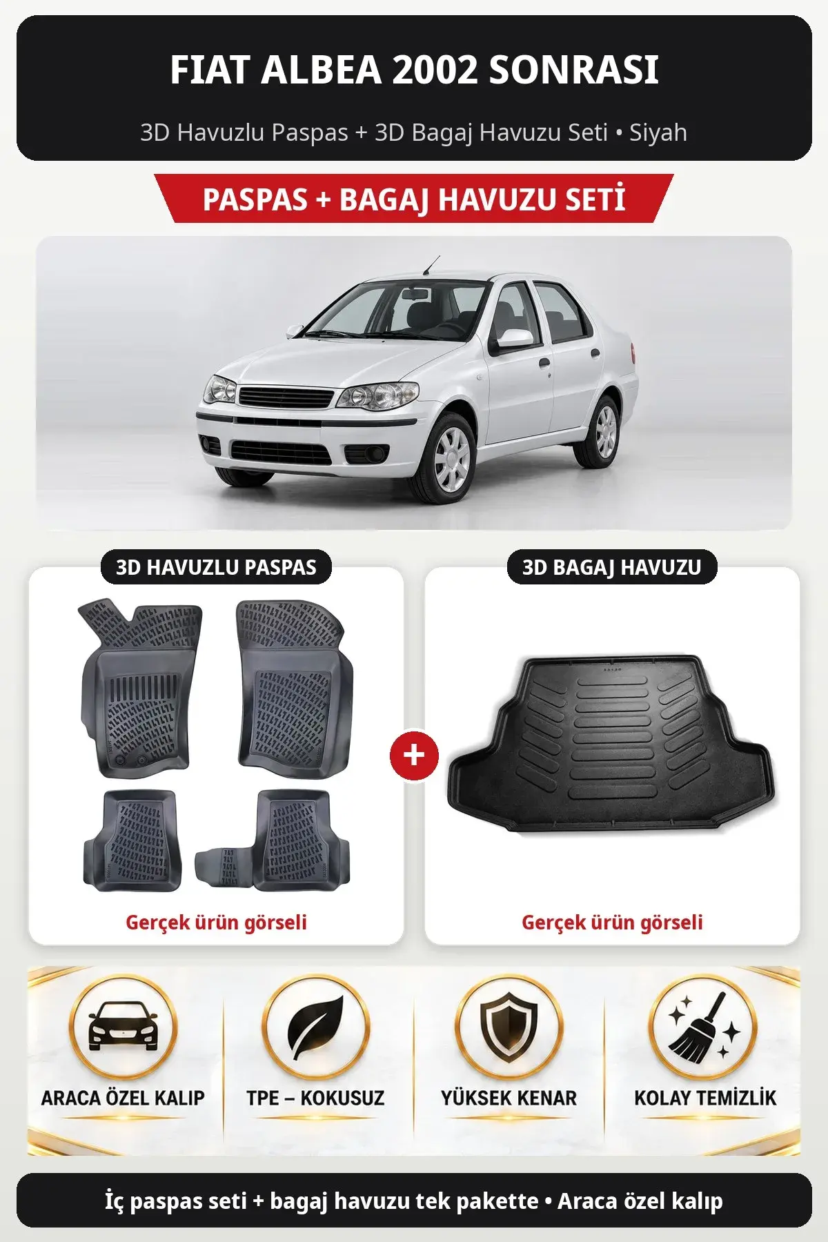 Fiat Albea 2002 Sonrası 3D Havuzlu Paspas + 3D Bagaj Havuzu Seti Siyah (1)