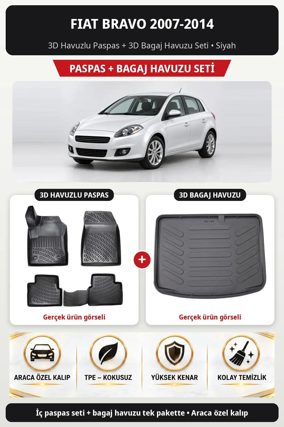 Fiat Bravo 2007-2014 3D Havuzlu Paspas + 3D Bagaj Havuzu Seti Siyah (1)