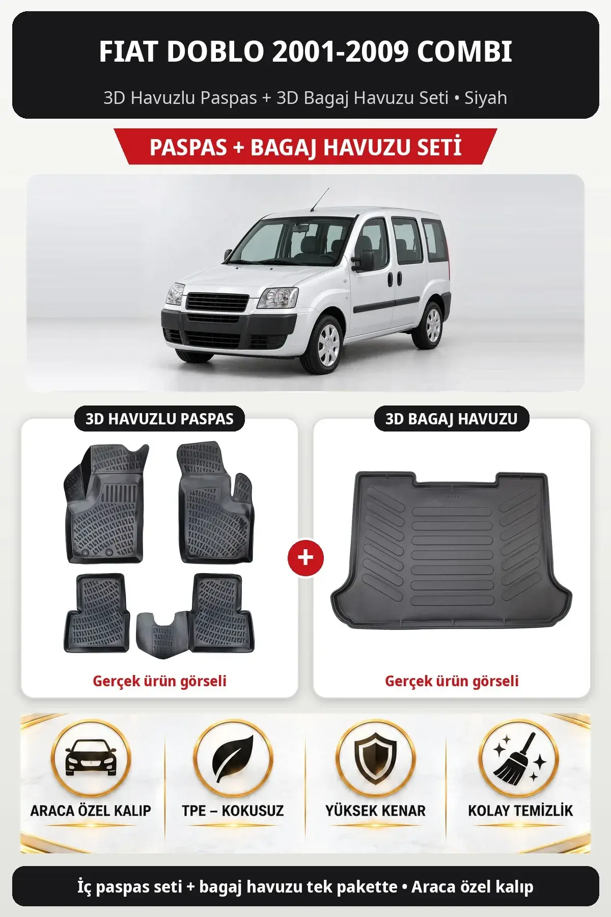 Fiat Doblo 2001-2009 Combi 3D Havuzlu Paspas + 3D Bagaj Havuzu Seti Siyah (1)