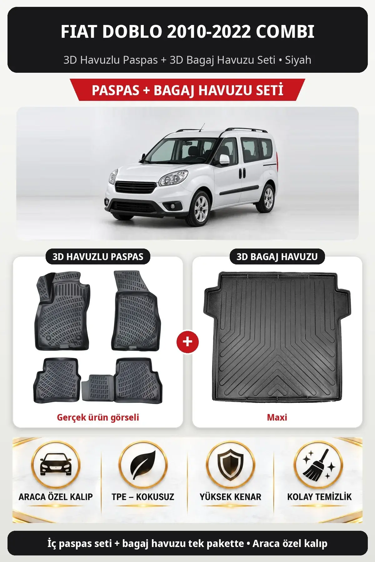 Fiat Doblo 2010-2022 Combi 3D Havuzlu Paspas + 3D Bagaj Havuzu Seti (Maxi) Siyah (1)