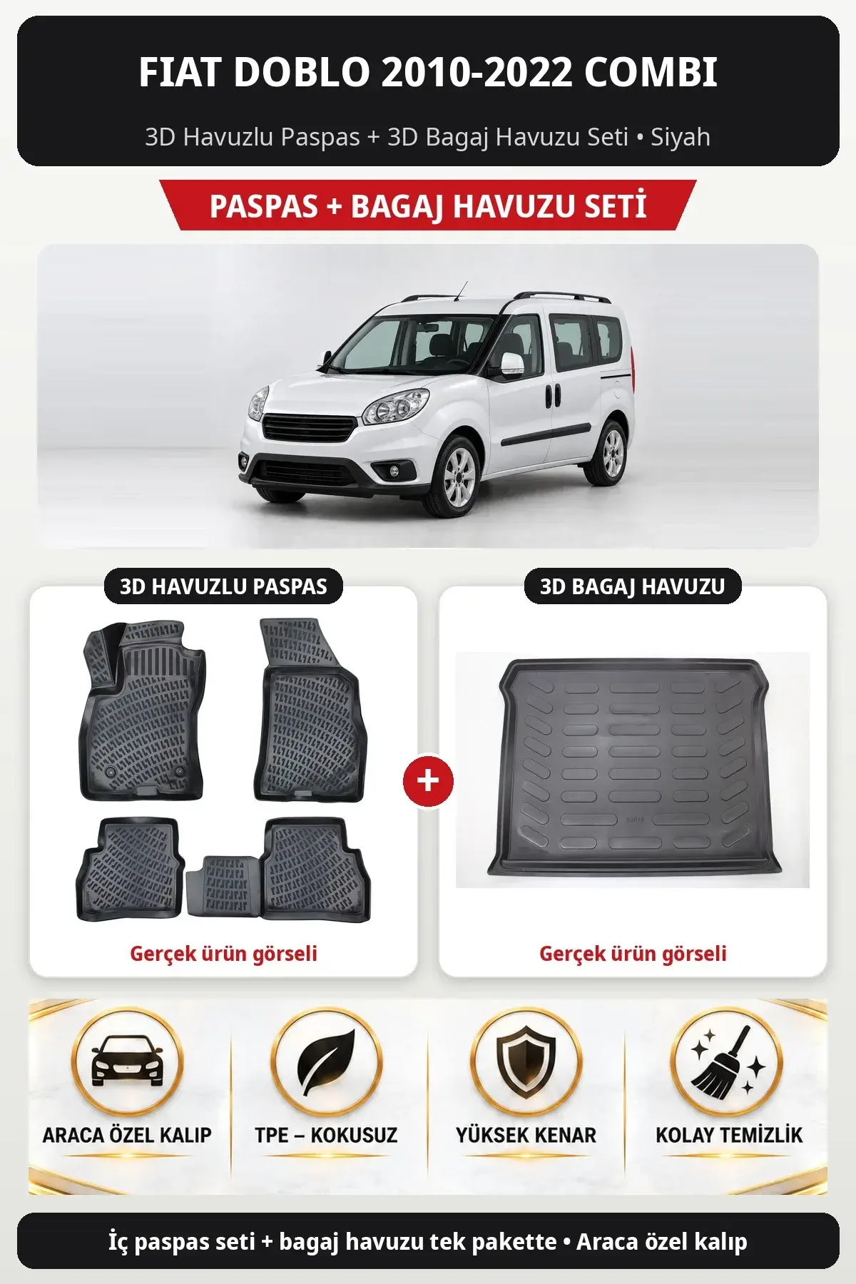 Fiat Doblo 2010-2022 Combi 3D Havuzlu Paspas + 3D Bagaj Havuzu Seti Siyah (1)
