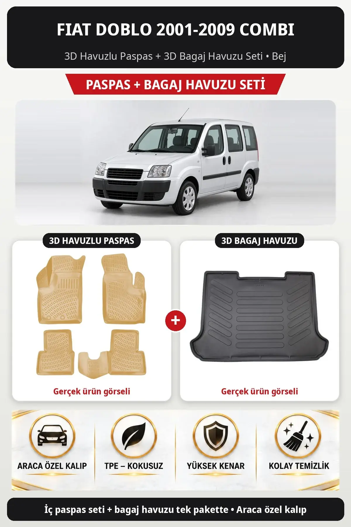 Fiat Doblo 2001-2009 Combi 3D Havuzlu Paspas + 3D Bagaj Havuzu Seti Bej (1)