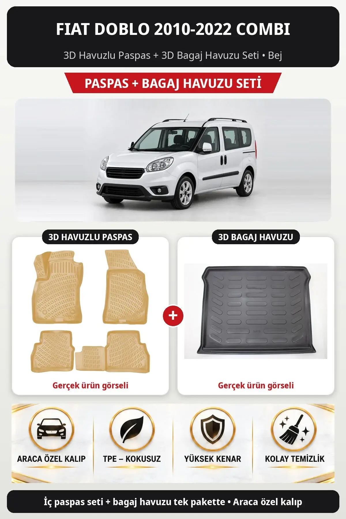 Fiat Doblo 2010-2022 Combi 3D Havuzlu Paspas + 3D Bagaj Havuzu Seti Bej (1)