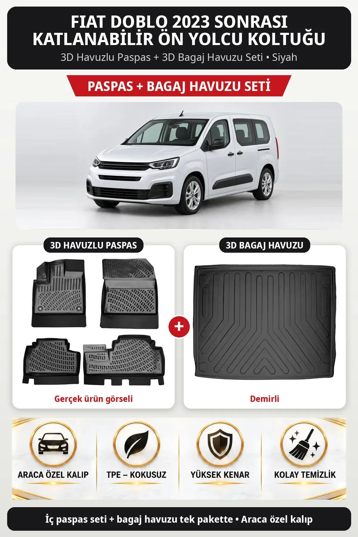 Fiat Doblo 2023 Sonrası Katlanabilir Ön Yolcu Koltuğu 3D Paspas + Bagaj Havuzu Seti (Demirli) Siyah (1)