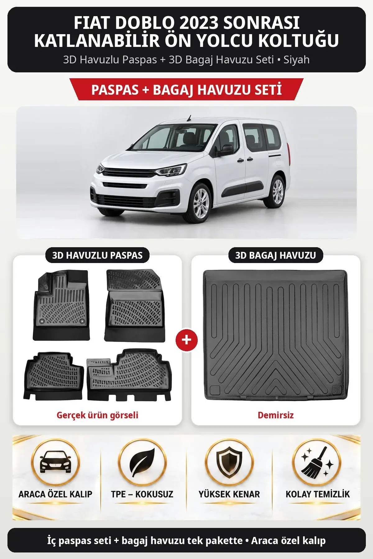 Fiat Doblo 2023 Sonrası Katlanabilir Ön Yolcu Koltuğu 3D Paspas + Bagaj Havuzu Seti (Demirsiz) Siyah (1)