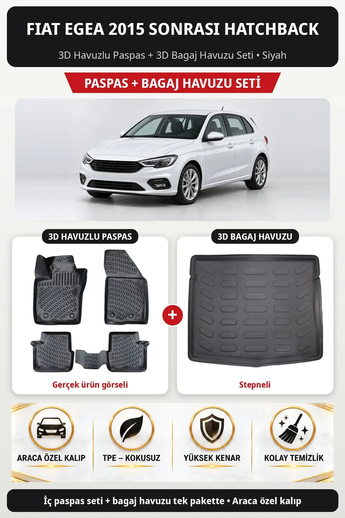 Fiat Egea 2015 Sonrası Hatchback 3D Havuzlu Paspas + 3D Bagaj Havuzu Seti (Stepneli) Bej (1)