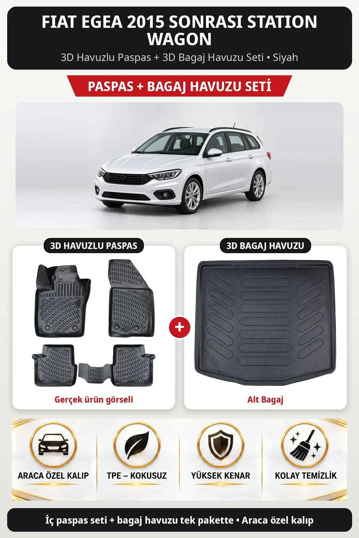 Fiat Egea 2015 Sonrası Station Wagon 3D Havuzlu Paspas + 3D Bagaj Havuzu Seti (Alt Bagaj) Siyah (1)