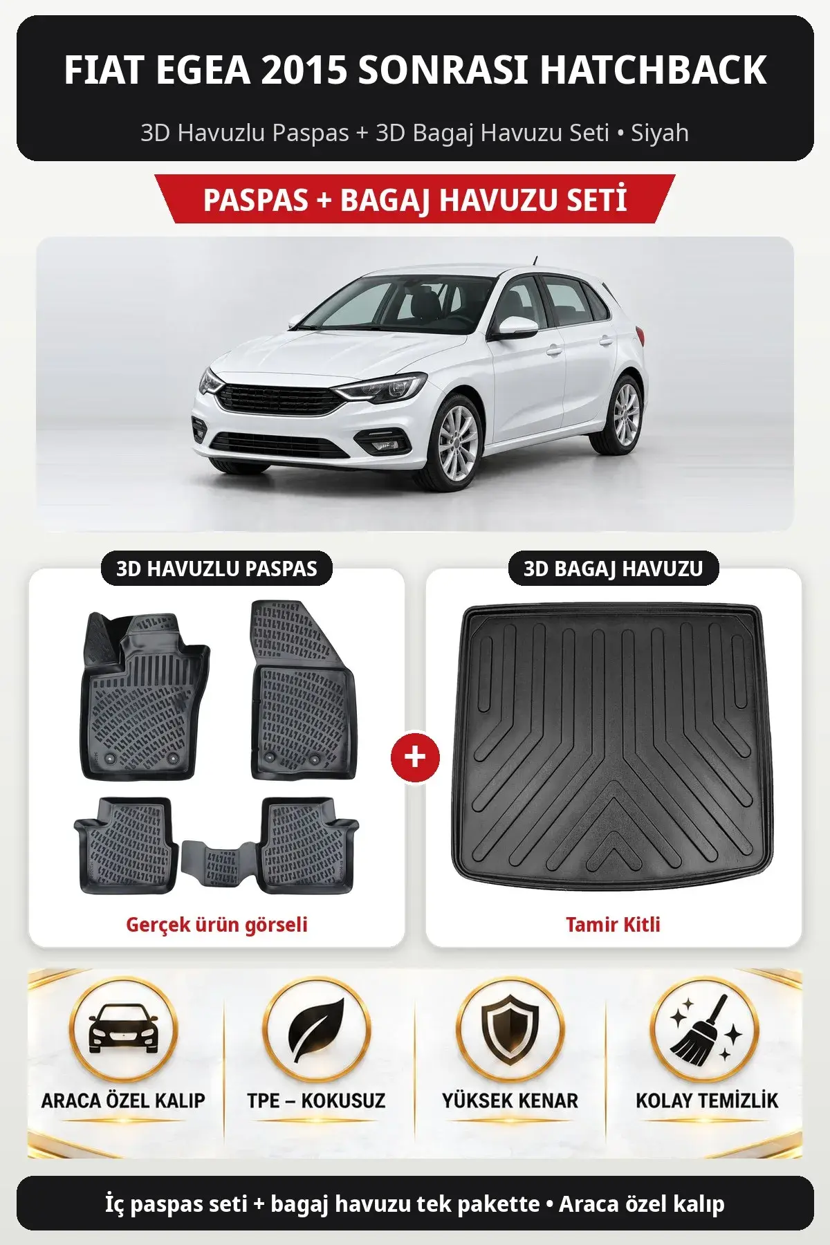 Fiat Egea 2015 Sonrası Hatchback 3D Havuzlu Paspas + 3D Bagaj Havuzu Seti (Tamir Kitli) Bej (1)