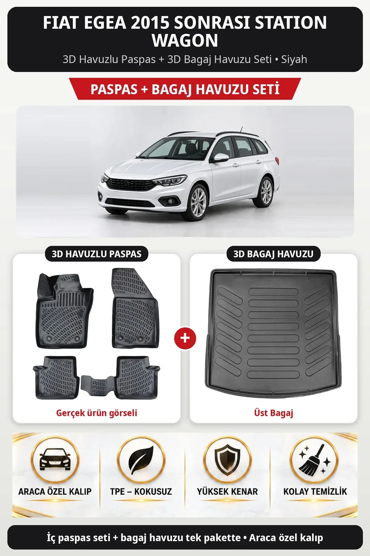Fiat Egea 2015 Sonrası Station Wagon 3D Havuzlu Paspas + 3D Bagaj Havuzu Seti (Üst Bagaj) Siyah (1)