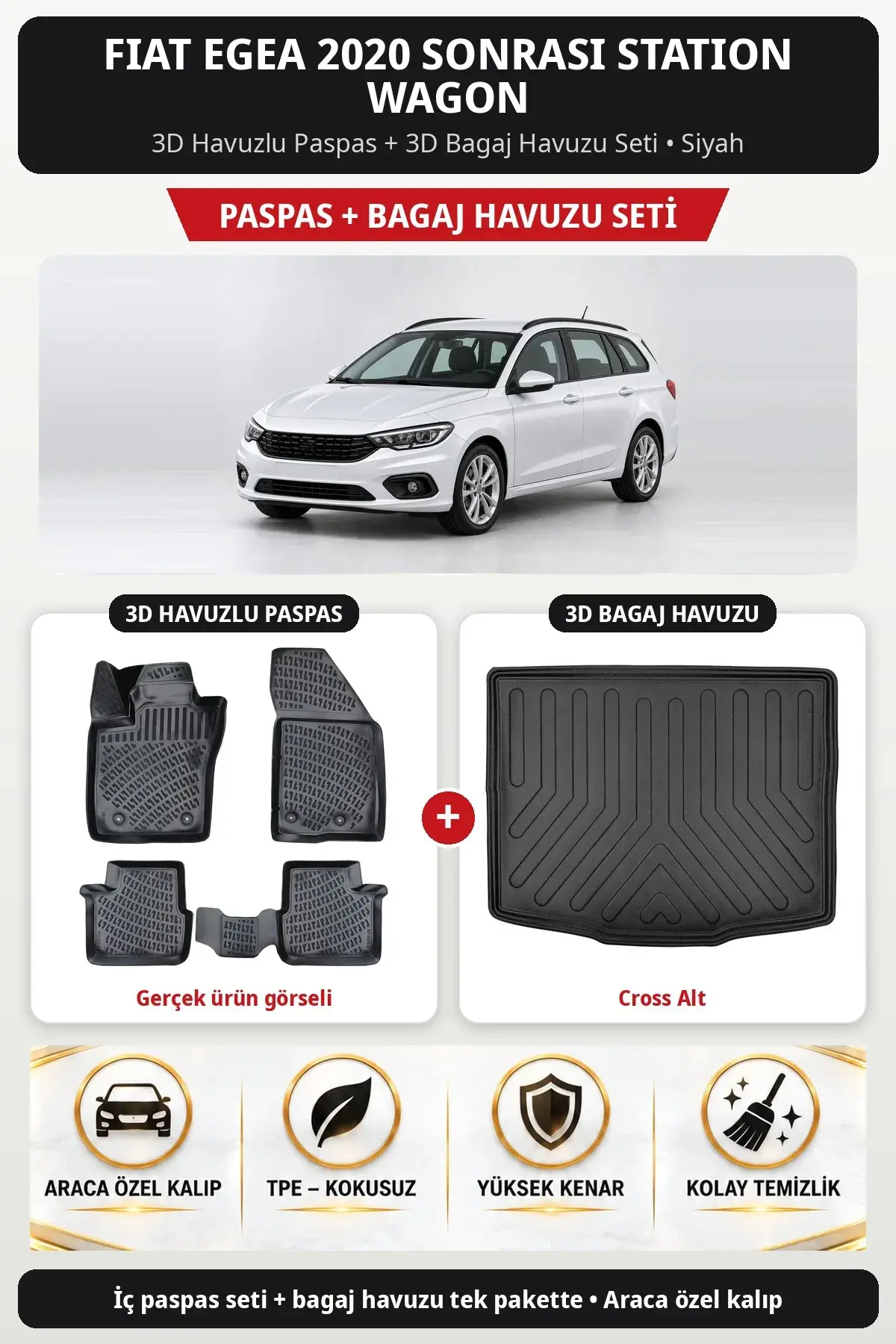 Fiat Egea 2020 Sonrası Station Wagon 3D Havuzlu Paspas + 3D Bagaj Havuzu Seti (Cross Alt) Siyah (1)