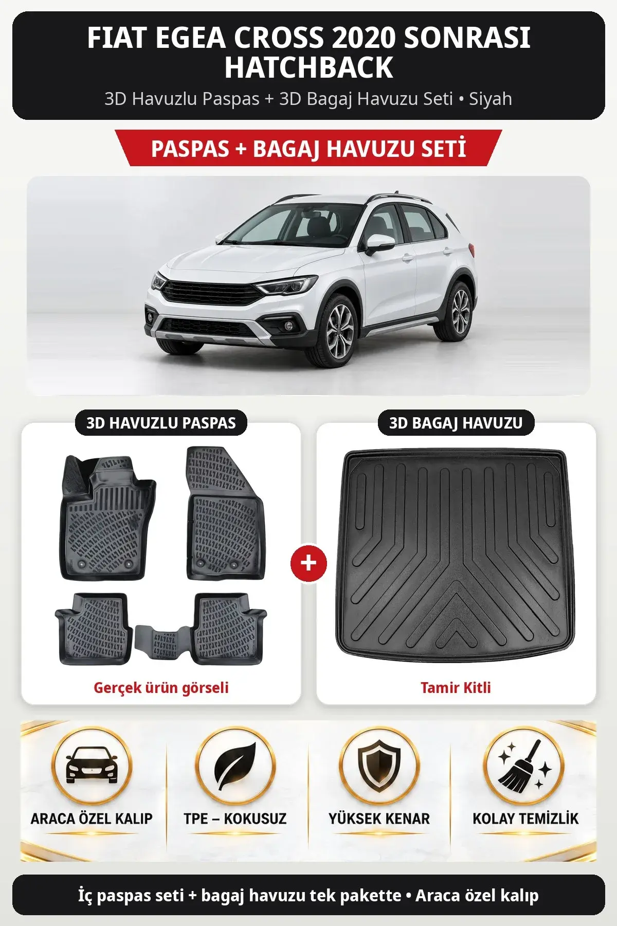 Fiat Egea Cross 2020 Sonrası Hatchback 3D Havuzlu Paspas + 3D Bagaj Havuzu Seti (Tamir Kitli) Bej (1)