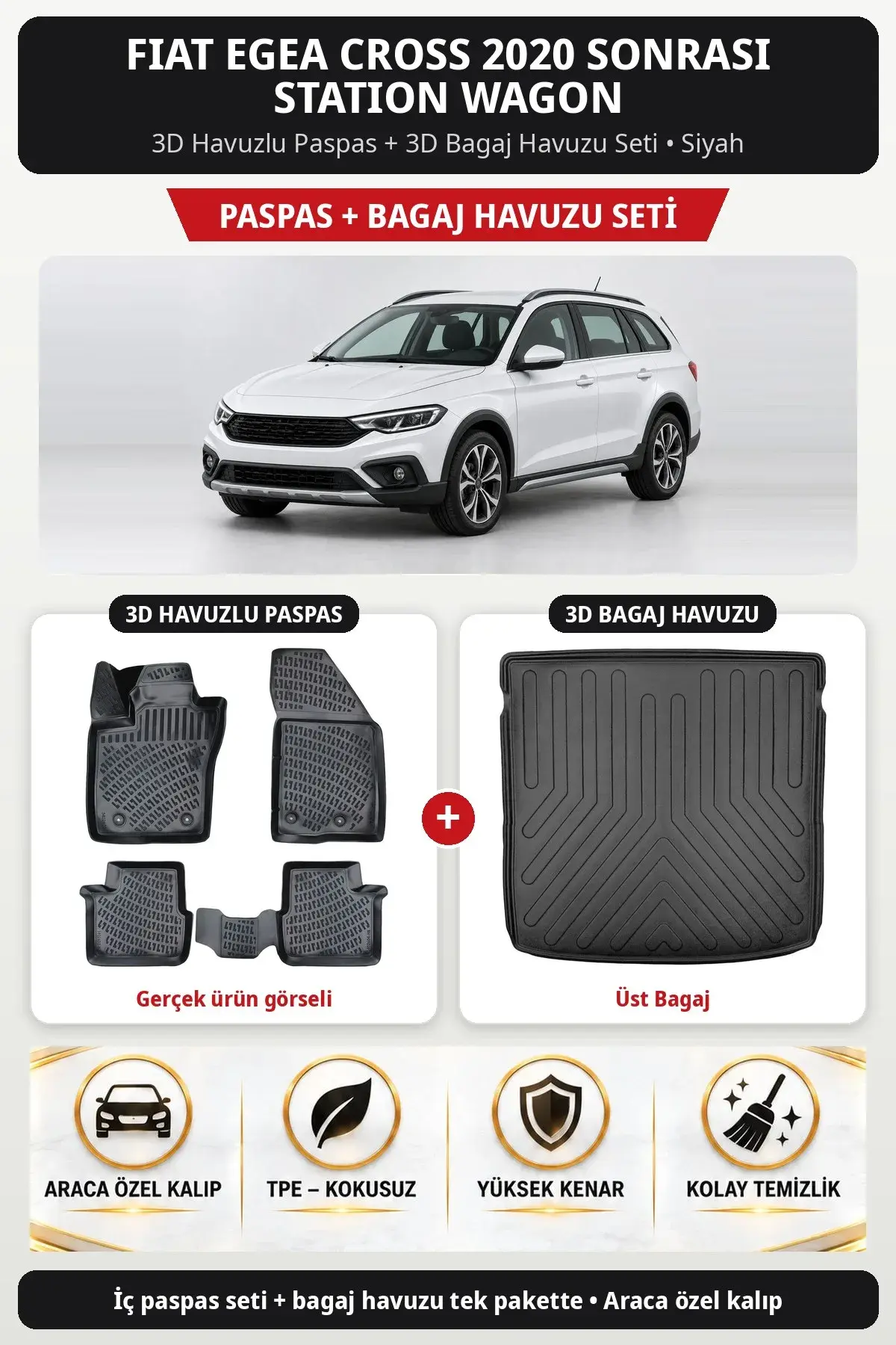 Fiat Egea Cross 2020 Sonrası Station Wagon 3D Paspas + Bagaj Havuzu Seti (Üst Bagaj) Siyah (1)