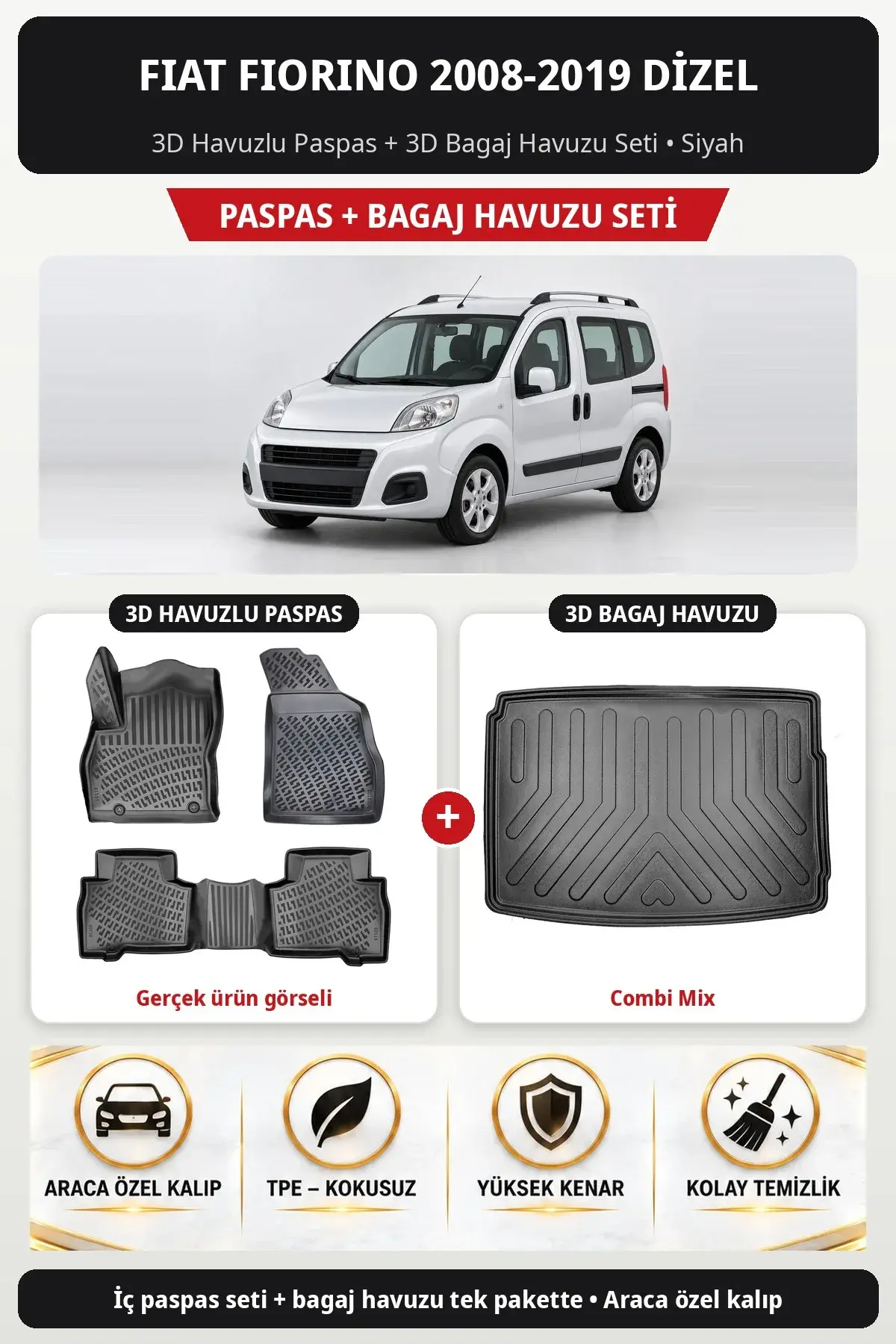 Fiat Fiorino 2008-2019 Dizel 3D Havuzlu Paspas + 3D Bagaj Havuzu Seti (Combi Mix) Siyah (1)