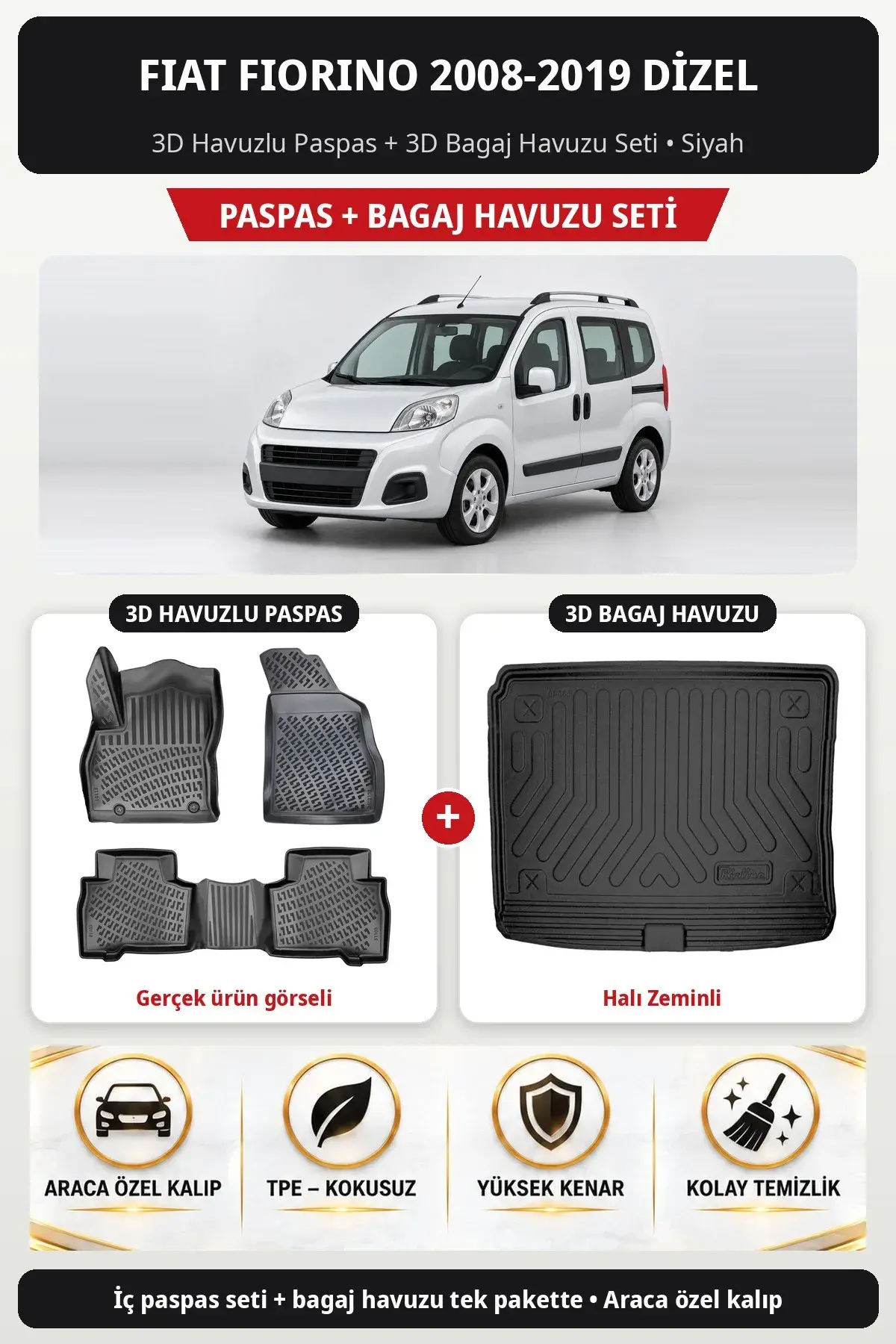 Fiat Fiorino 2008-2019 Dizel 3D Havuzlu Paspas + 3D Bagaj Havuzu Seti (Halı Zeminli) Siyah (1)