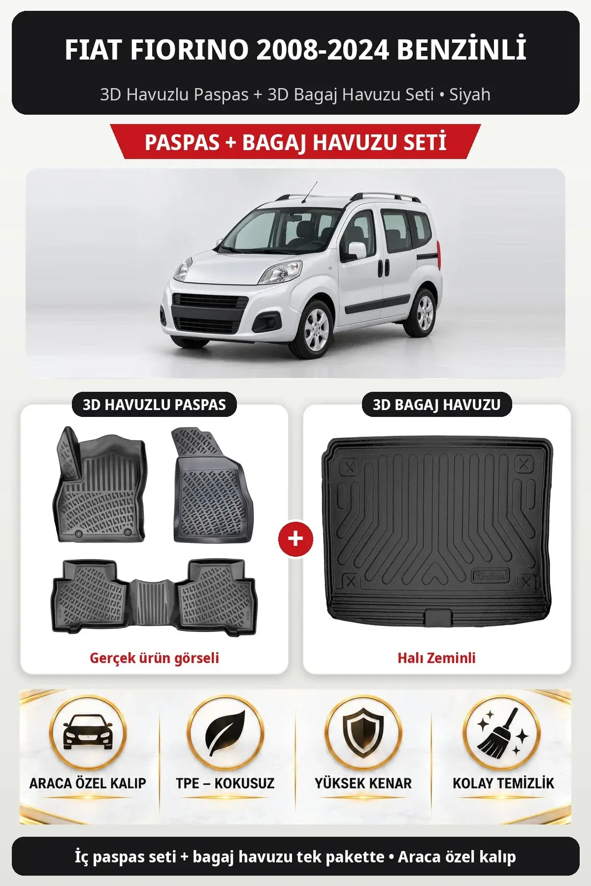 Fiat Fiorino 2008-2024 Benzinli 3D Havuzlu Paspas + 3D Bagaj Havuzu Seti (Halı Zeminli) Bej (1)